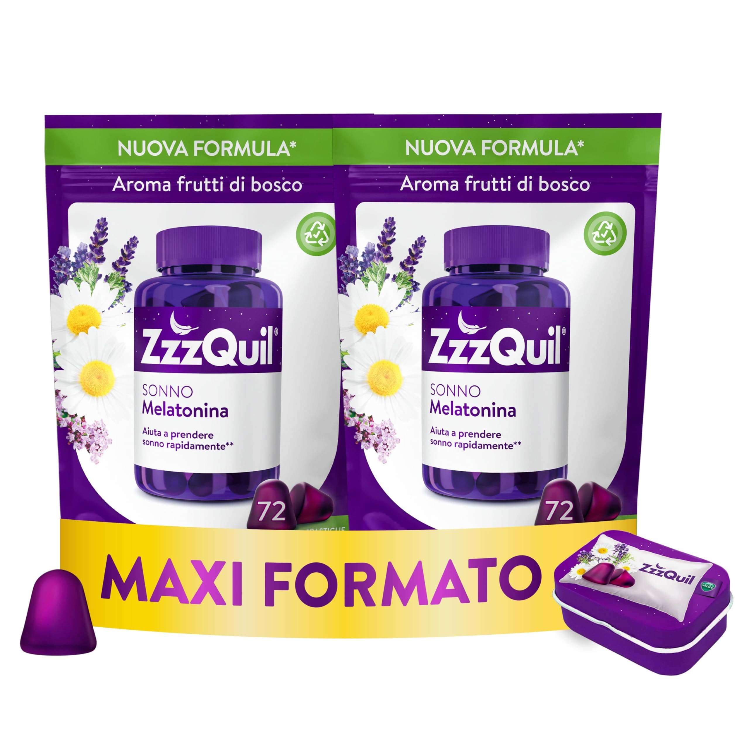 ZzzQuil Sonno Formula Vegana Integratore per Dormire con Melatonina ed Estratti Di Valeriana, Camomilla e Vitamina B6, Addormentarsi Velocemente, 72x2 Gommose, Gusto Frutti di Bosco, Travel Case