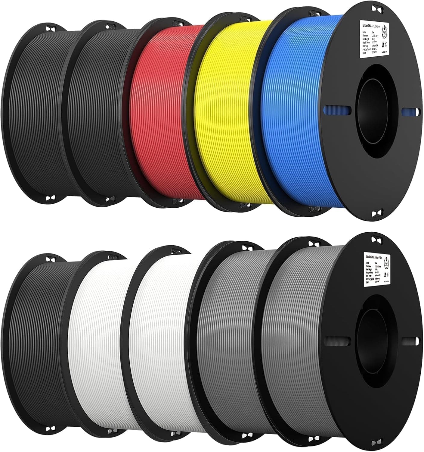 Creality Ender PLA Filamento 10er-Pack 1,75 mm, 3× Negro, 2× Blanco, 2× Gris, Azul, Rojo, Amarillo – Para Impresora 3D