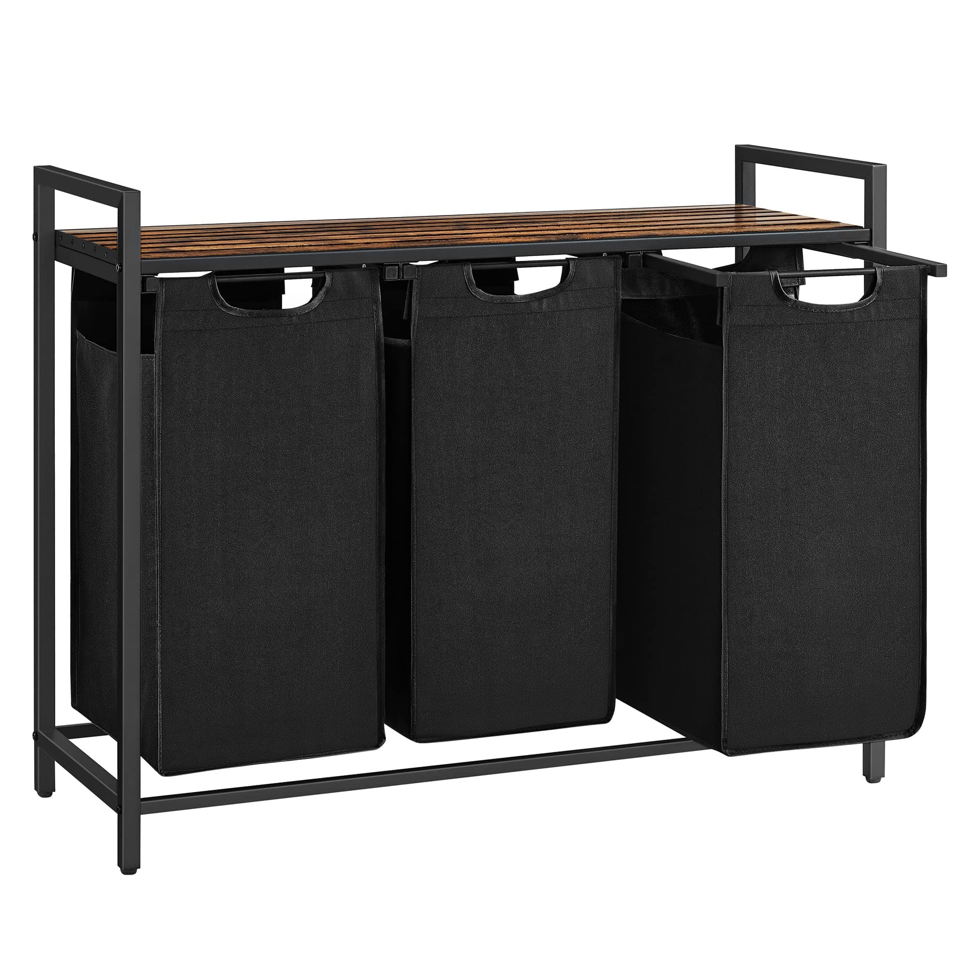 VASAGLE Cesto para Ropa Sucia, Cesta Colada, 3 Bolsas de Tela Oxford Extraíble y Desmontable, Estante, Marco Metálico, 3 x 40 L, 92,5 x 33 x 72 cm, Negro Tinta y Marrón Rústico BLH301B01