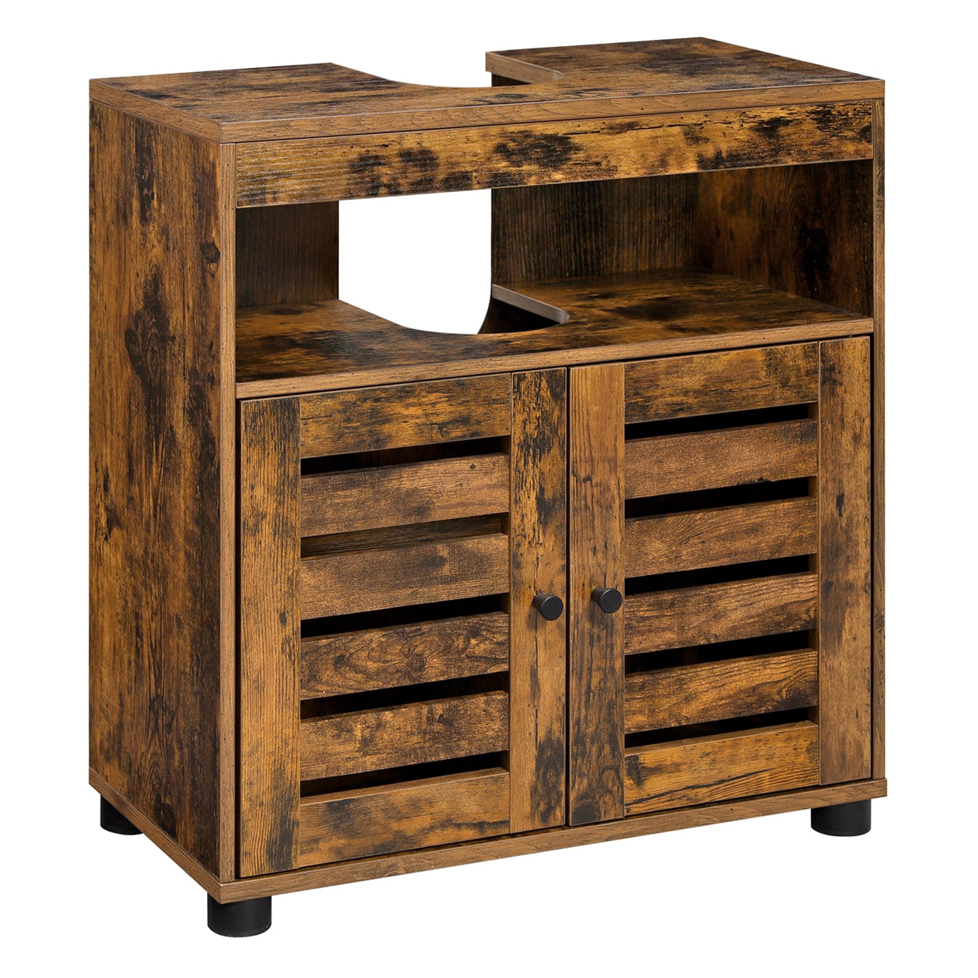 VASAGLE Waschbeckenunterschrank, Badschrank, 60 x 30 x 63 cm, Badezimmerschrank, Aufbewahrungsschrank, Unterschrank mit 2 Lamellentüren, mit verstellbarer Regalebene, vintagebraun BBK04BX