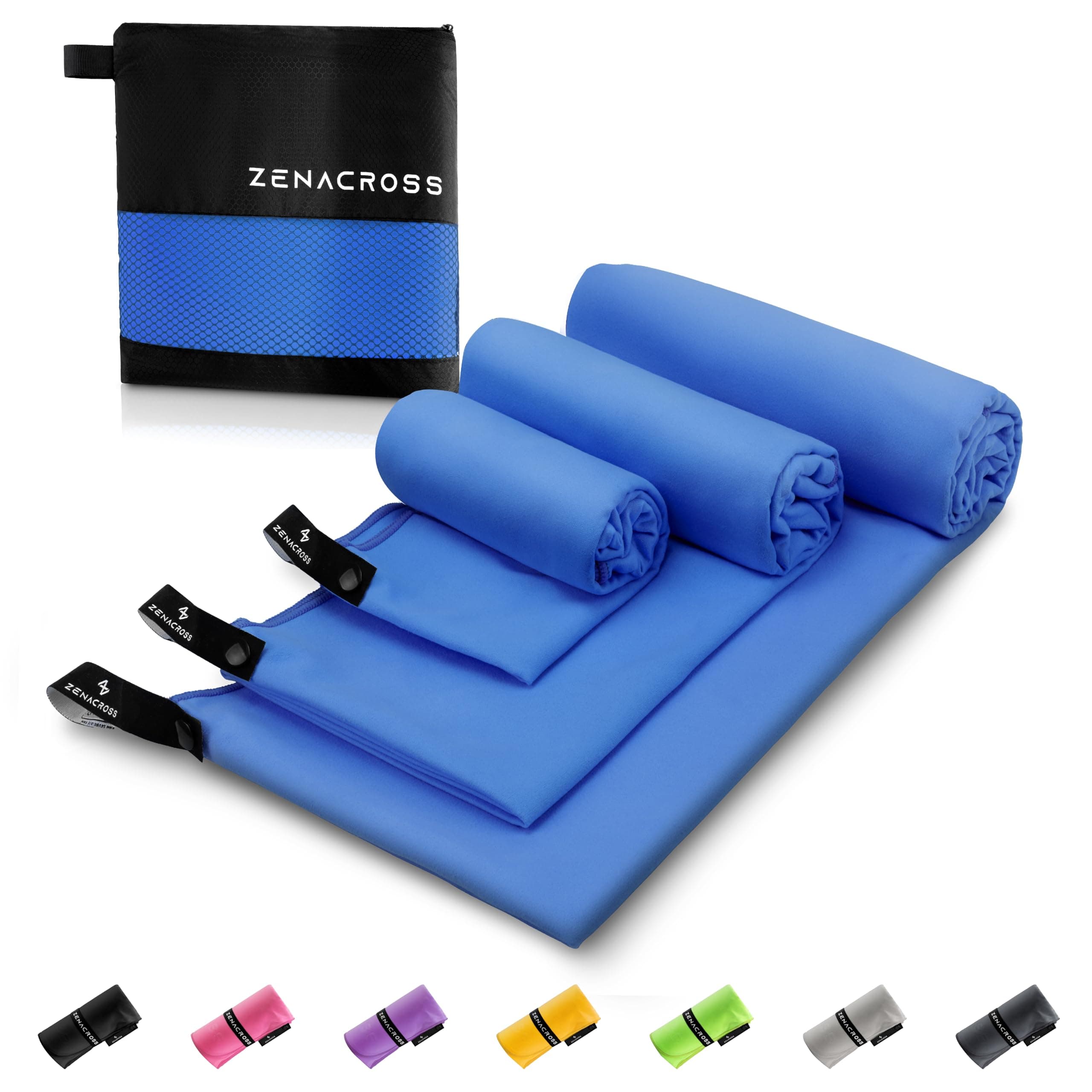 Zenacross Asciugamano Palestra (Set di 3) con Borsa per il Trasporto - Asciugamano Microfibra a Rapida Asciugatura e Versatile - Telo Palestra Taglie S, M, L - Blu