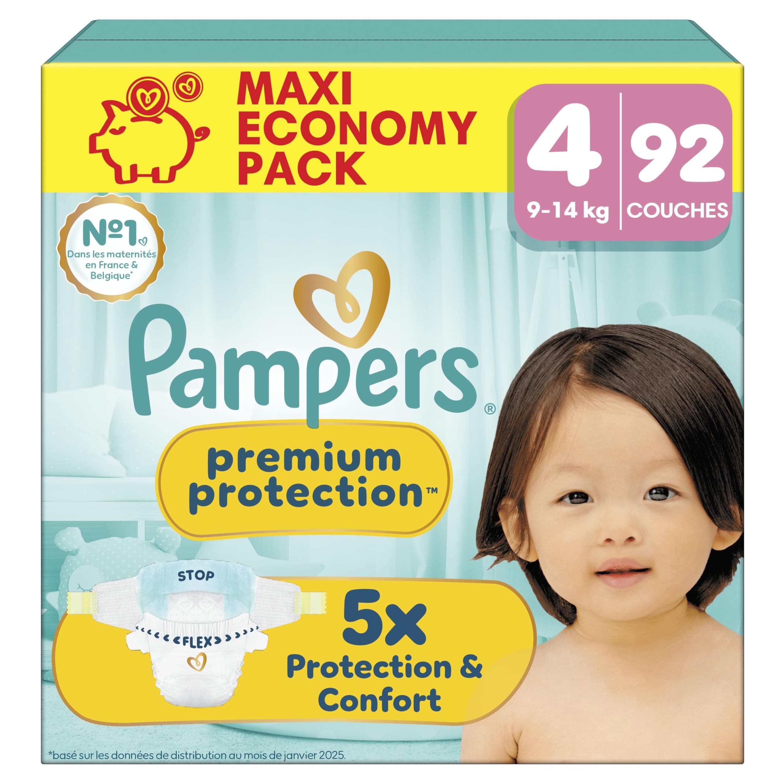 Pampers Premium Protection Taille 4, 92 Langes, 9kg-14kg, Notre N°1 Pour La Protection De La Peau Et Contre Les Fuites