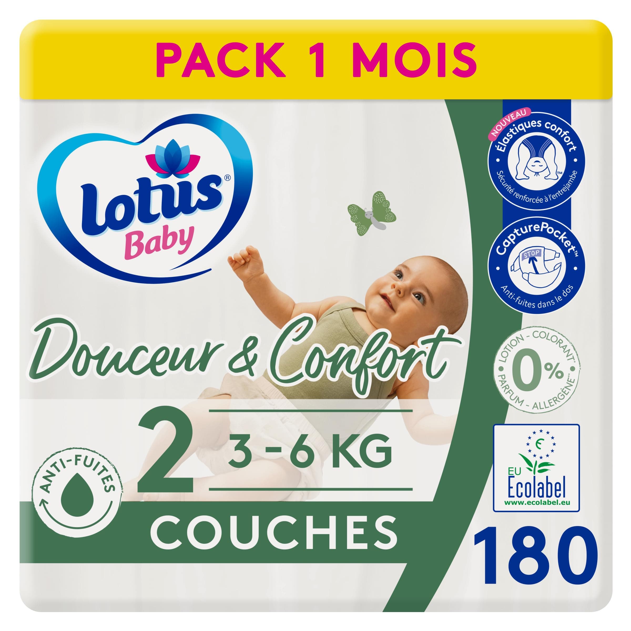 Lotus Baby Douceur & Confort - Couches Taille 2 (3-6 kg/Nouveau-né) Pack 1 mois - 180 couches