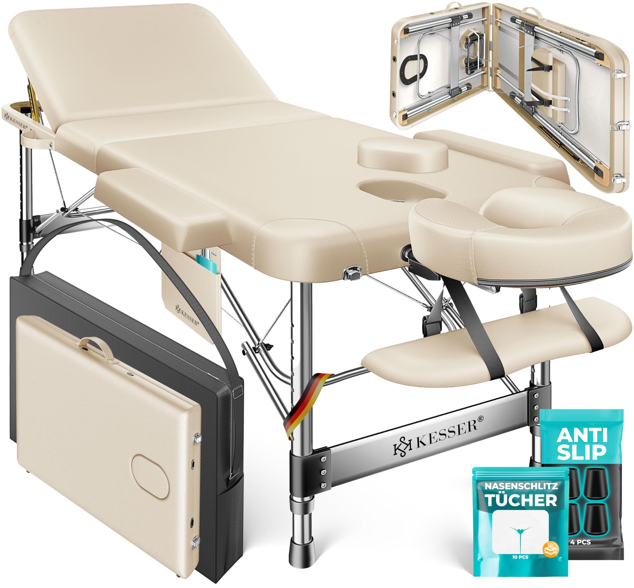 KESSER® Massageliege 3 Zonen bis 250kg, Massagetisch klappbar, verstellbar, tragbarer Koffer, Kosmetikliege, Therapieliege, Zubehör, Alu-Kopfstütze, Armlehne, Tragetasche, Anti Rutsch, 60cm, Beige