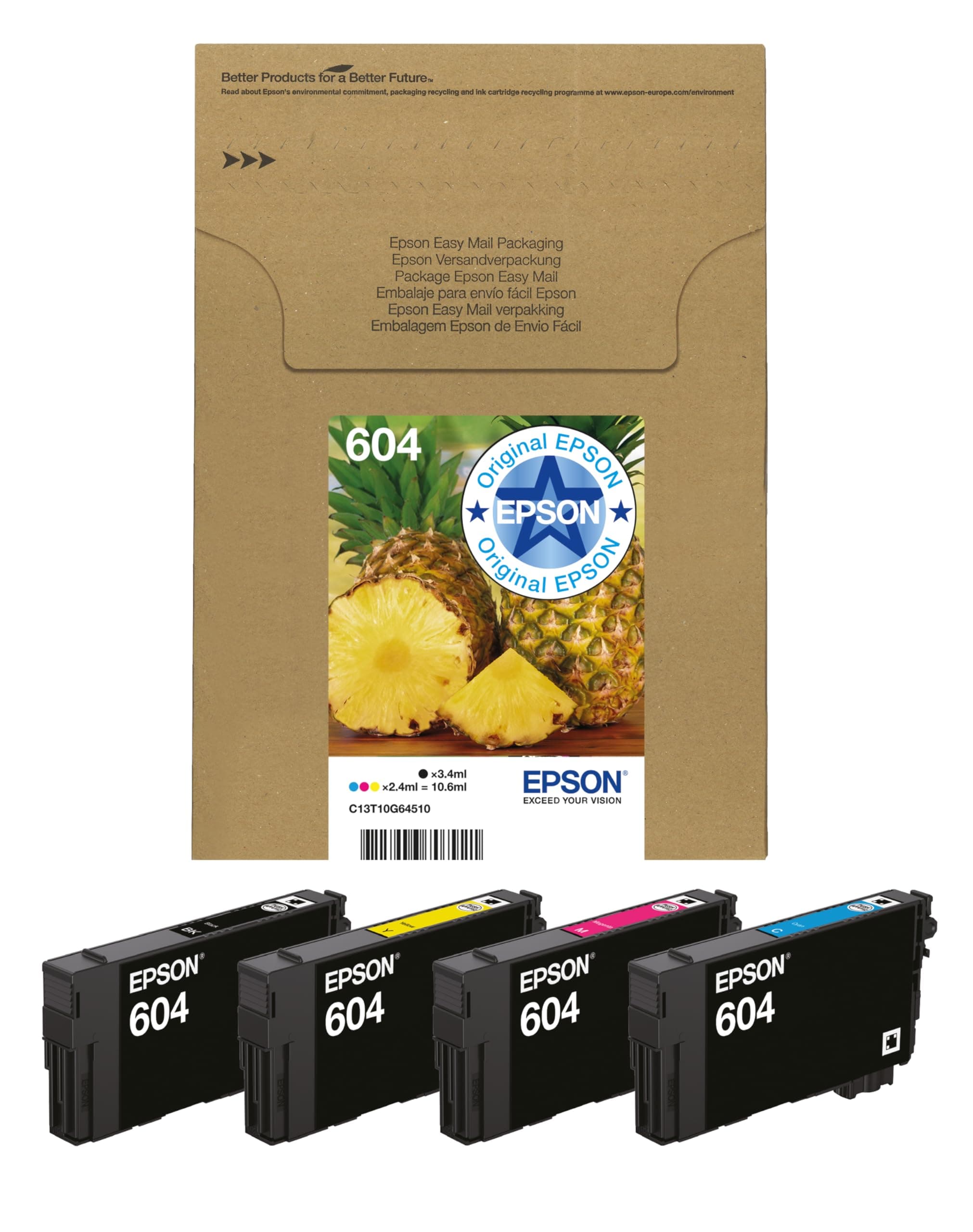 Epson Orginal 604 Tinte Ananas Multipack 4-farbig Standard, XP-2200 XP-2205 XP-3200 XP-4205 WF2910DWF WF2930DWF WF2950DWF, EasyMail, ReadyPrint Flex-Tintentarife