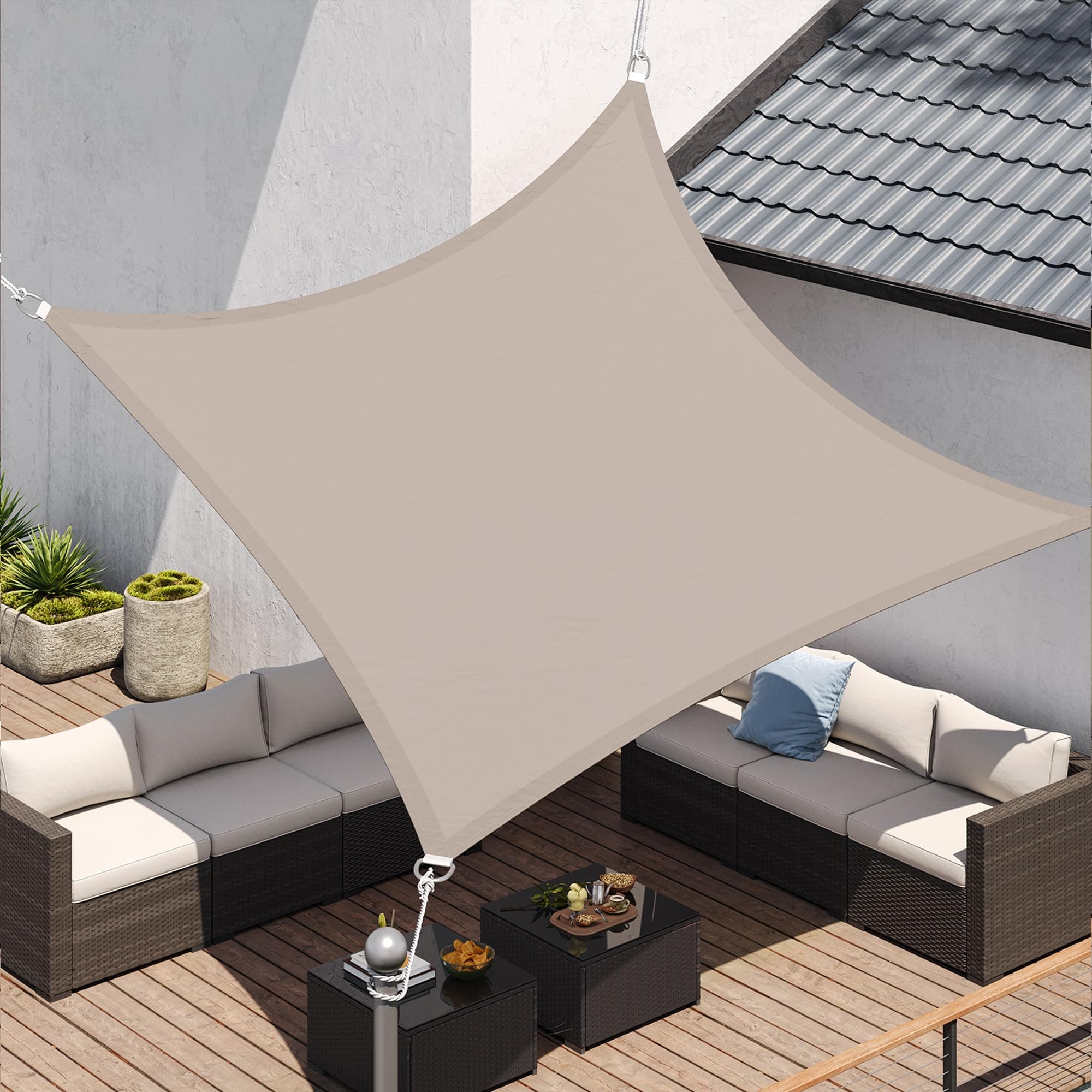 SONGMICS Sonnensegel 3 x 3 m, wasserdicht, 665mm Wassersäule, Sonnenschutz aus reißfestem Polyester, 93% UV-Schutz, Terrasse, Garten, Balkon, Quadrat 2m Seile, Taupe