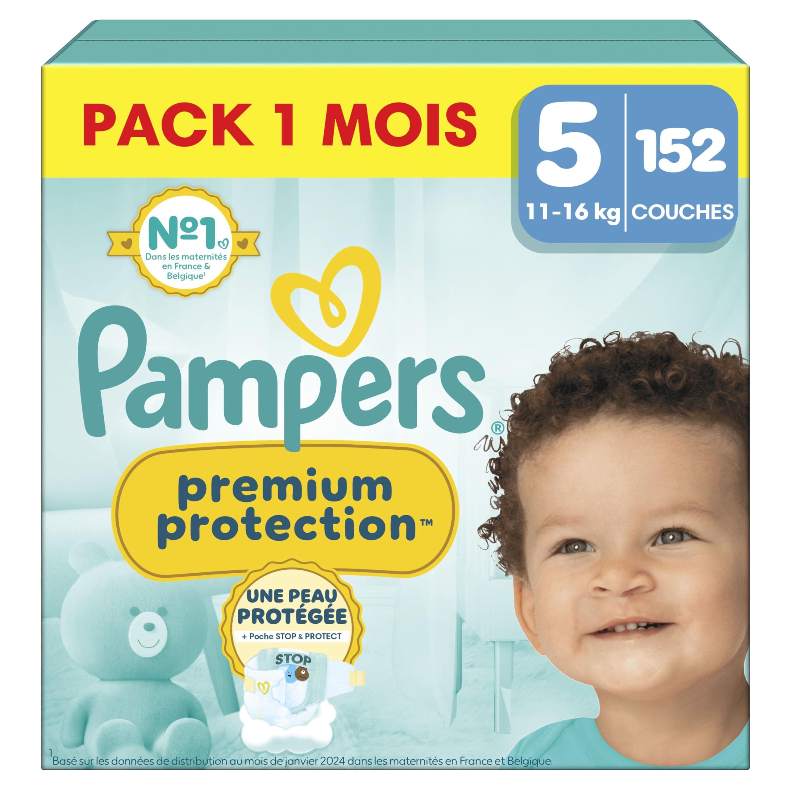 Pampers Premium Protection, Taille 5, 152 Couches, 11-16kg, Double Protection pour la peau et contre les fuites Avec Poche Stop & Protect pour aider à capturer les Fuites, Pack 1 Mois