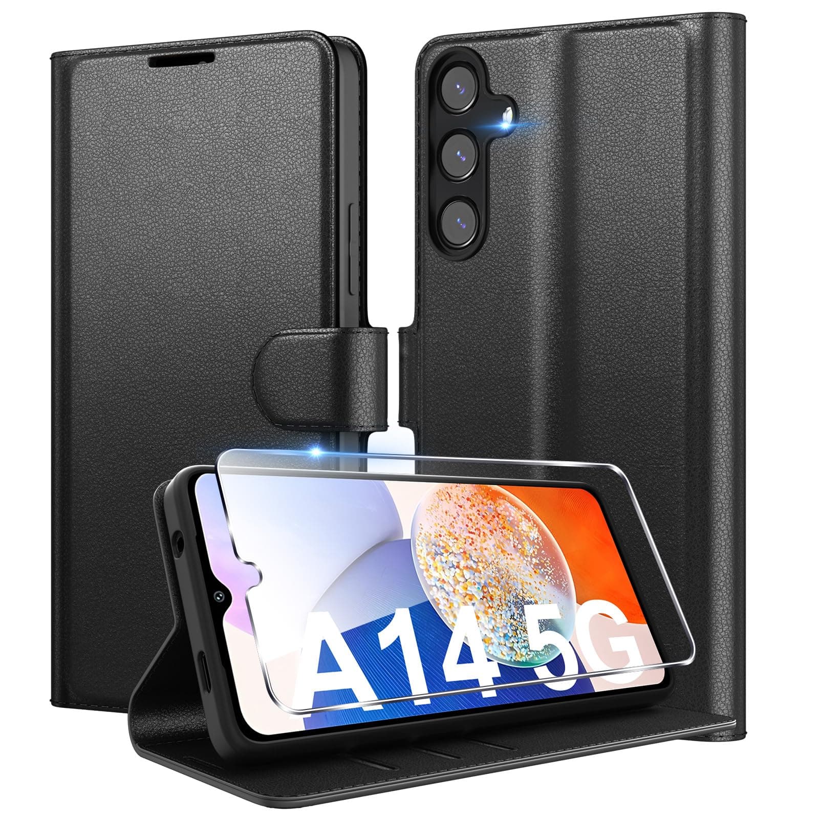 Eirltiy Cover per Samsung Galaxy A14 5G Portafoglio Pelle PU Premium, Custodia Scomparti Carte Antiurto Protettiva Case con 1 Vetro Temperato, Nero