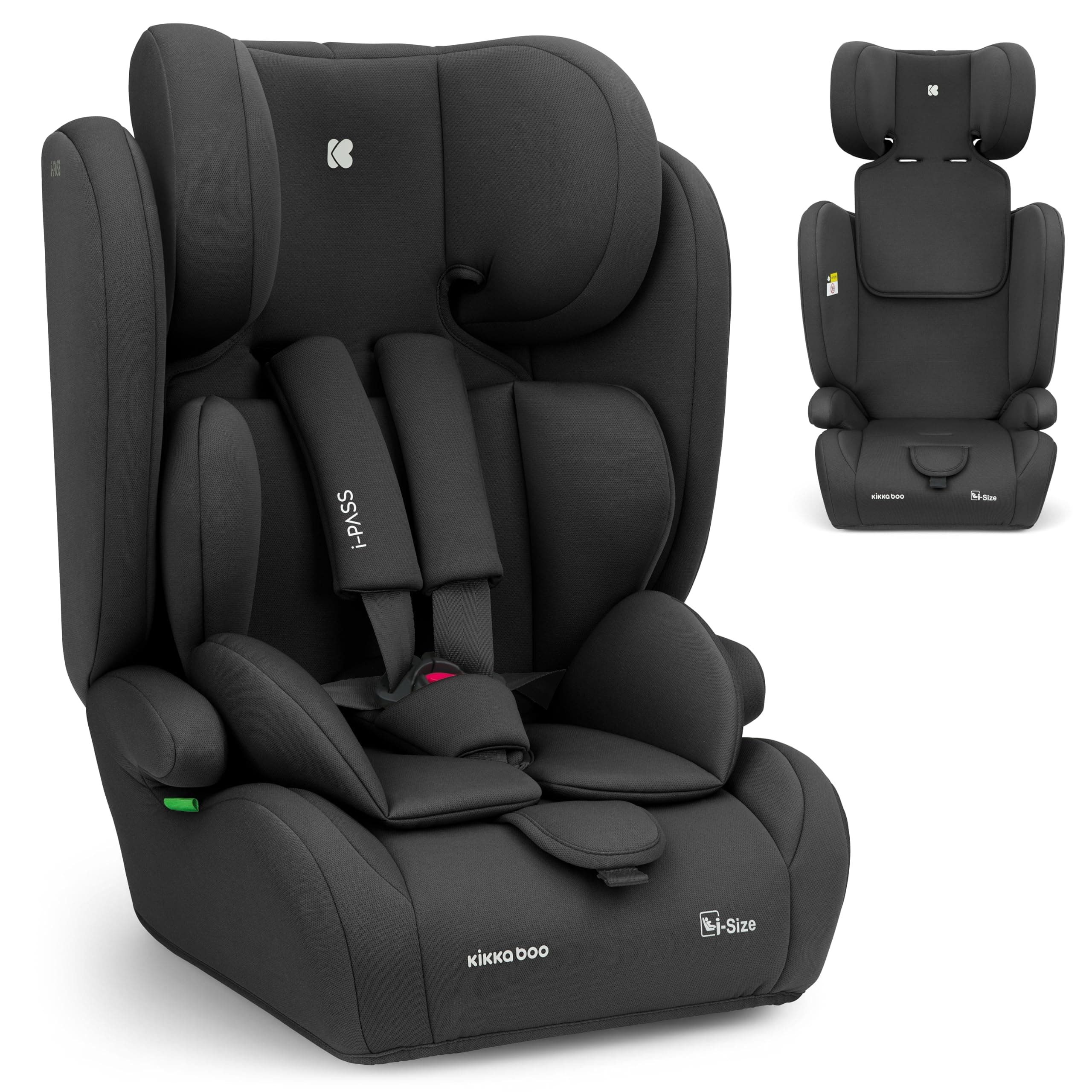 KikkaBoo Seggiolino Auto 9-36 kg i-PASS, Gruppo 1/2/3, Da 15 Mesi a 12 Anni, i-Size 76-150 cm, Poggiatesta Regolabile 13 Posizioni, Nero