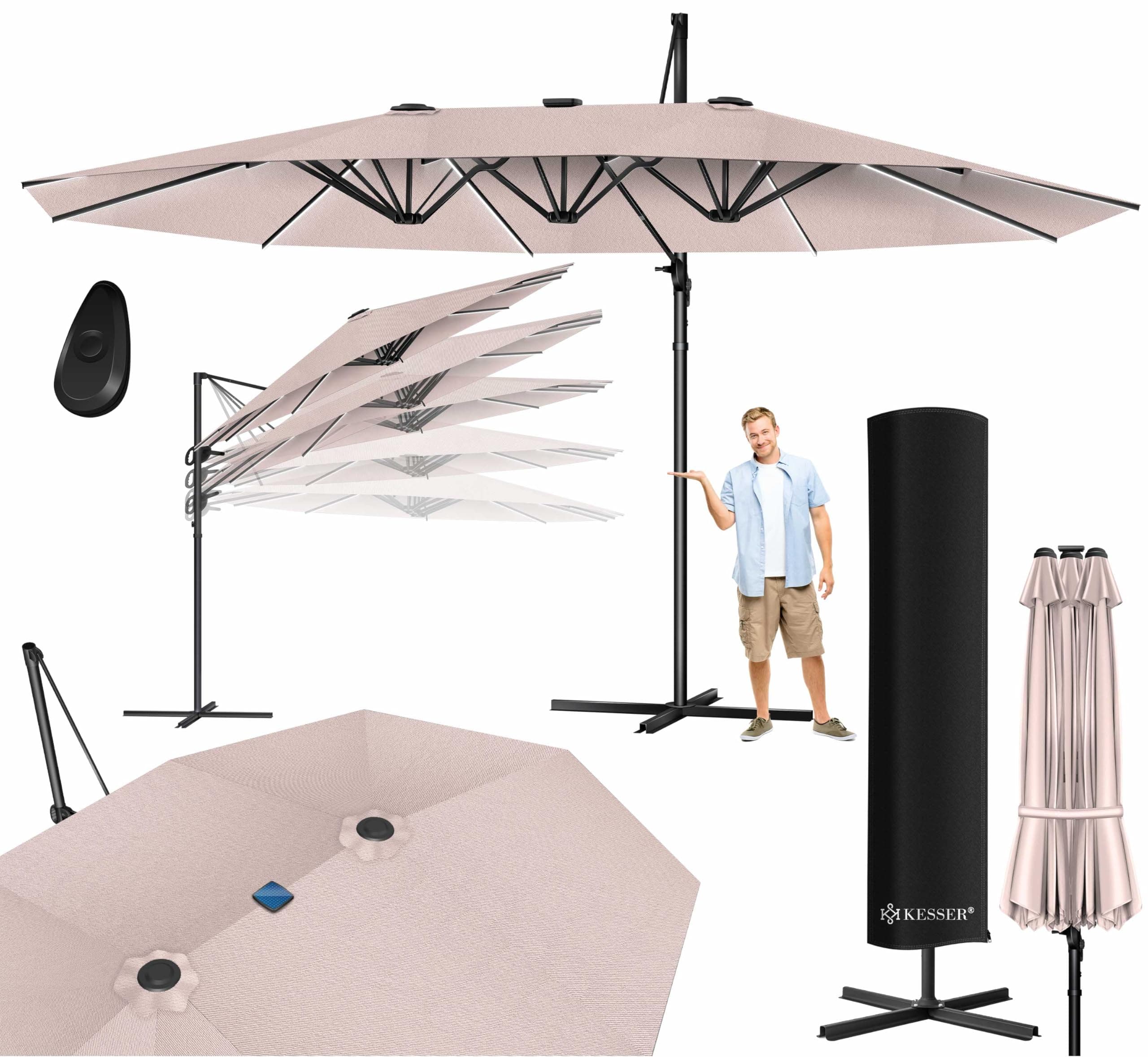 KESSER® Parasol double 4,6m x 2,7m | Couverture de parasol et protection contre le vent avec manivelle et support | Parasol à manivelle en aluminium hydrofuge | Inclinable Basculant 360° Rotatif