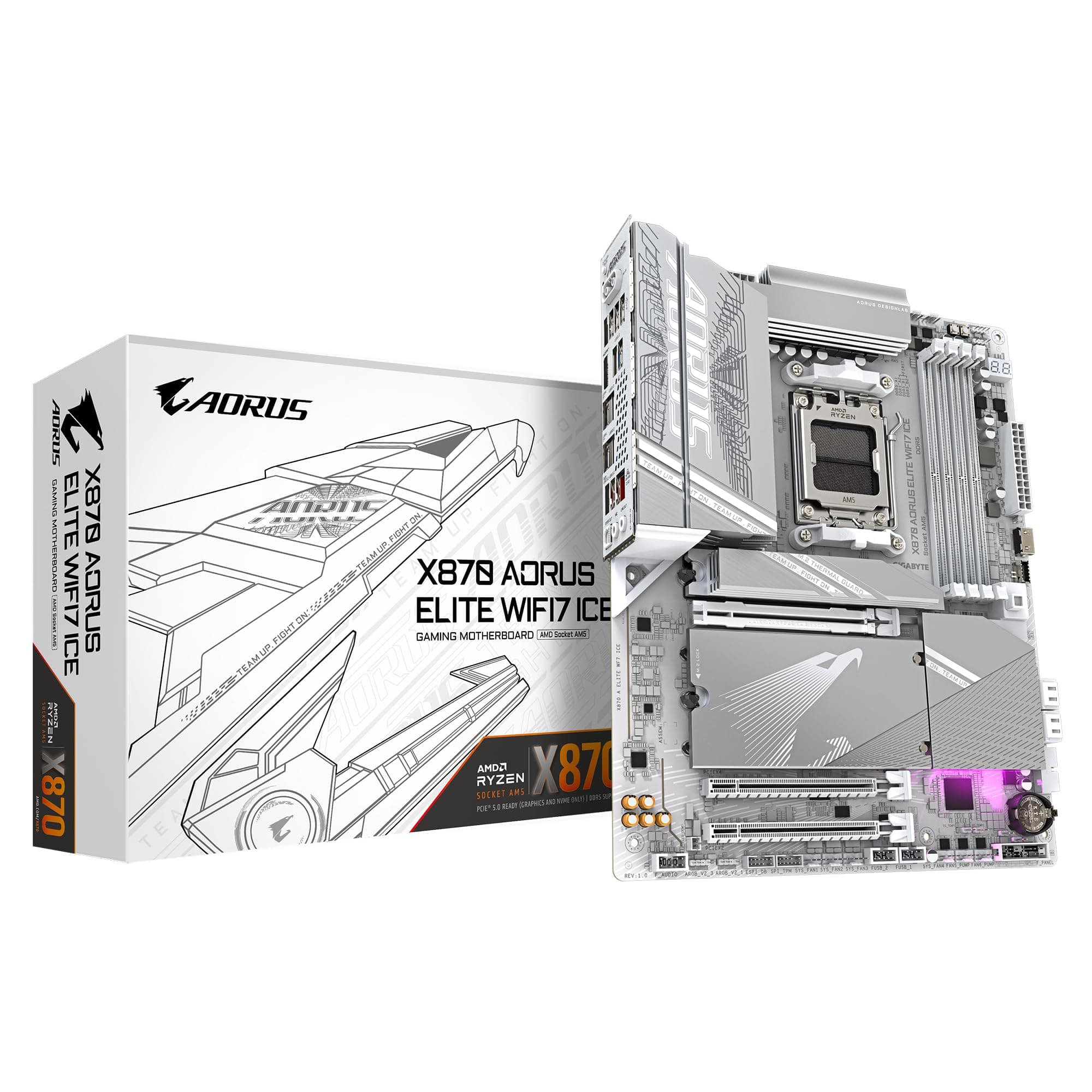 GIGABYTE Placa Base X870 AORUS Elite WIFI7 Ice - Compatible con CPUs AMD Ryzen 9000, VRM Digital de 16+2+2 Fases, hasta 8000MHz DDR5 (OC), 3xPCIe 5.0, Wi-Fi 7, LAN 2.5GbE, USB 4