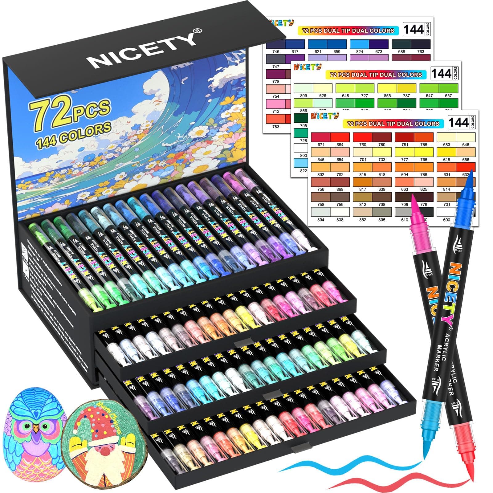 NICETY 144 Couleurs Marqueurs Acryliques Double Pointe - Set de 72 pour Pierre, Bois, Céramique, Verre - Pointe Pinceau et Pointe Fine - Multi-Supports Non Toxiques pour Artistes
