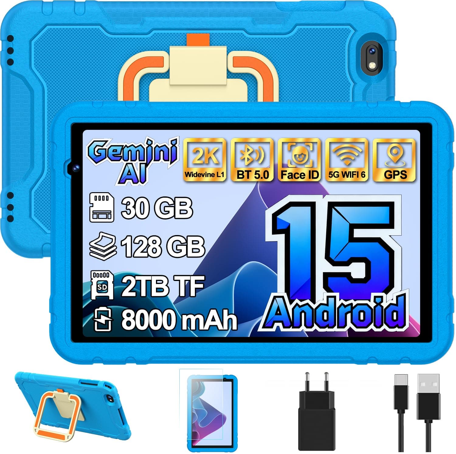 Tablette enfants 10 Pouces Android 15 avec Gemini AI, 30GO + TF 2TO - Bleu | EVA Étui de Protection Antichoc + 360° Support, 8000 mAh, Widevine L1, Octa-Core 2.0Ghz, GPS, Face ID, 5G WIFI, BT 5.0
