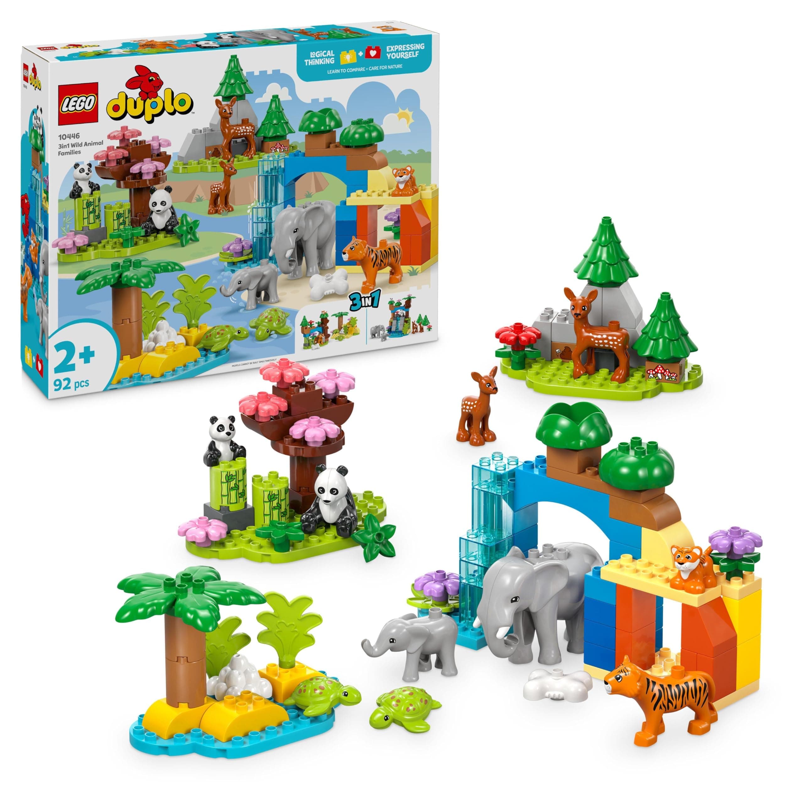 LEGO DUPLO Town Wildtier-Familien 3-in-1 Set - Lernspielzeug für Kleinkinder mit Tierfiguren - Montessori Spielzeug ab 2 Jahren mit Schildkröte, Tiger, Elefant, Hirsch & Panda Figuren - Geschenk 10446