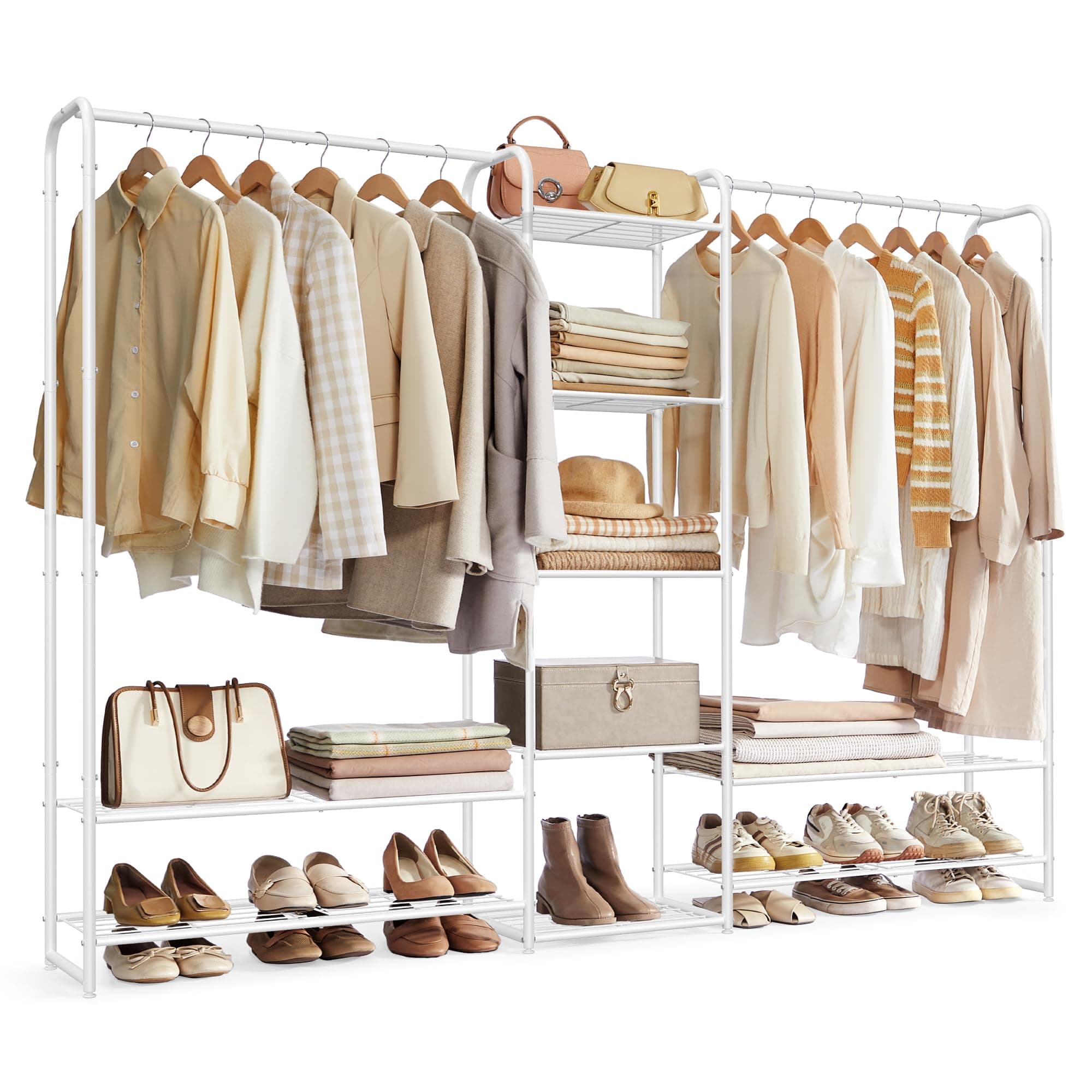 SONGMICS Appendiabiti, Armadio Aperto, Asta Appendiabiti, Portabiti con Ripiani Portaoggetti, Guardaroba in Metallo, Autoportante, Bianco Opaco LGR463W01