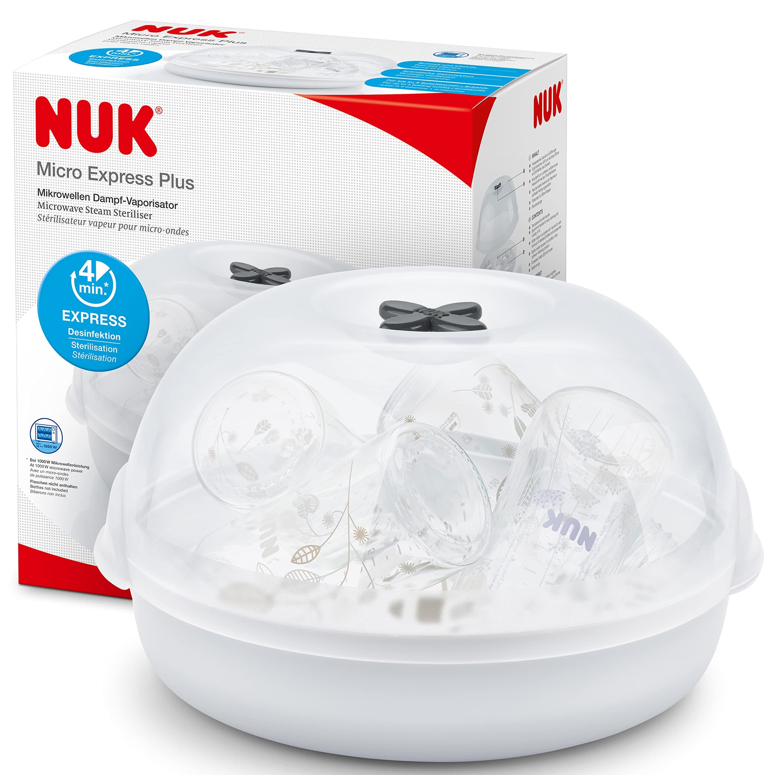 NUK Micro Express Plus esterilizador de biberones para microondas | Esteriliza hasta 4 biberones y accesorios en 4 minutos | Apto para la mayoría de los microondas | Pinzas para una extracción