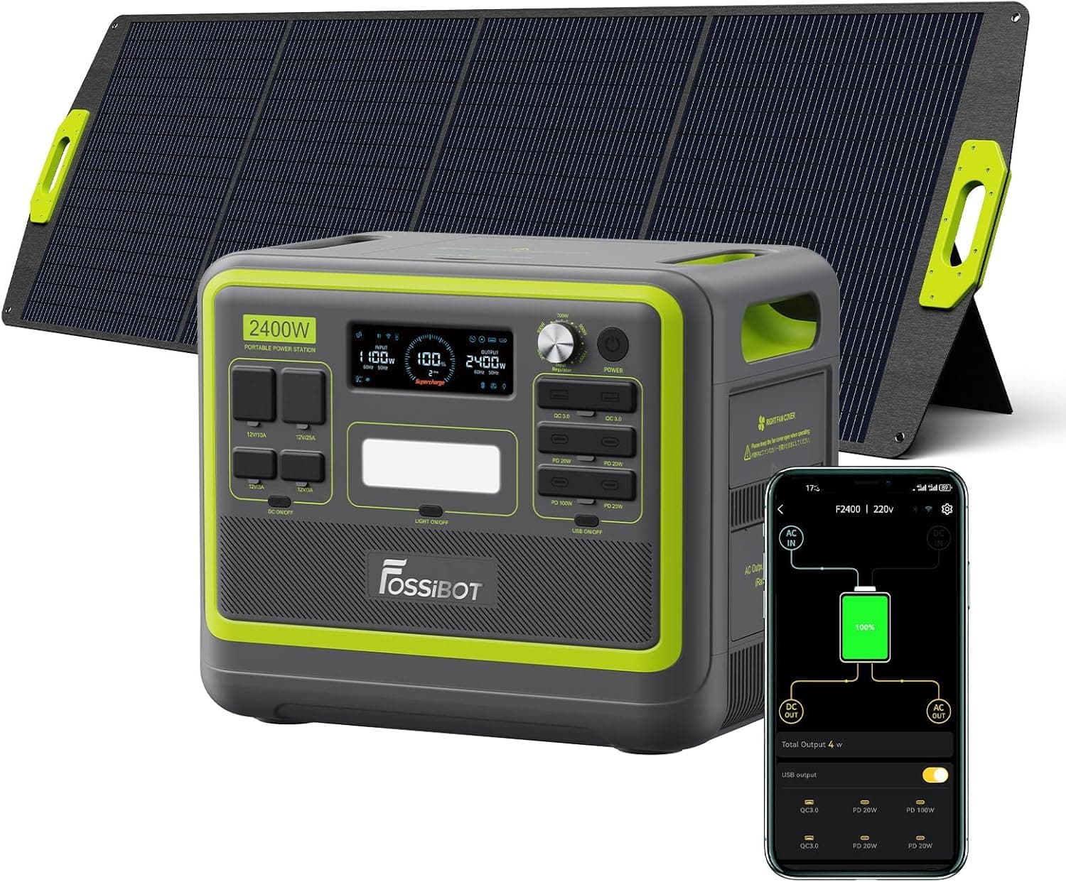 FOSSiBOT F2400 Generador Solar Portatil, Panel Solar de 200W, Batería LiFePO4 de 2048Wh, Carga del 80% en 1,5 Horas, Salida de 2400W CA (4800W Pico), Estacion de Energia Portatil para Camping, Viajes