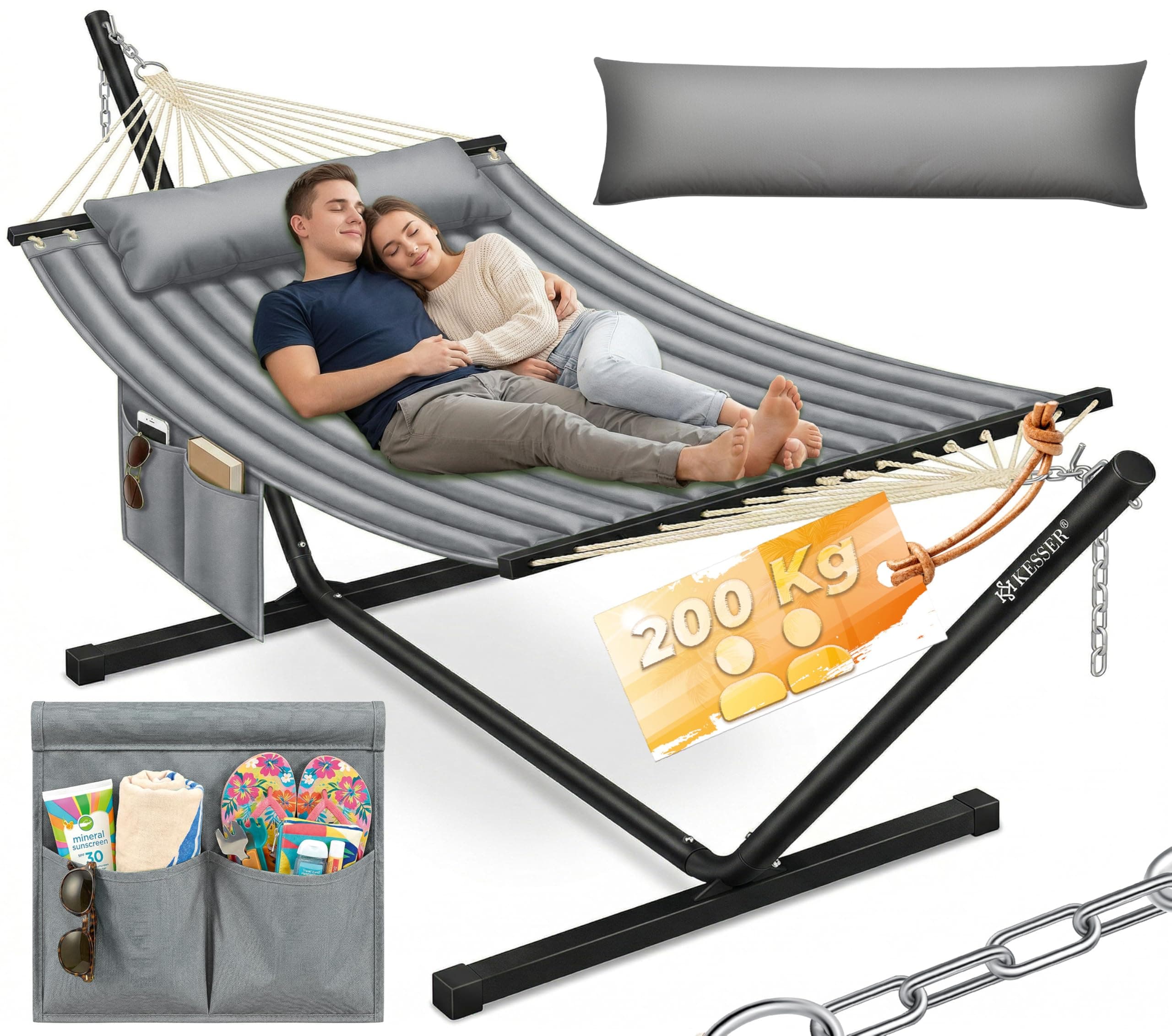 KESSER® Amaca con telaio e cuscino, Amaca doppia per 2 Persone, Portata 200 kg, Interno ed esterno, XXL, Sedia sospesa, Giardino, Piscina, Balcone, Terrazza - Grigio