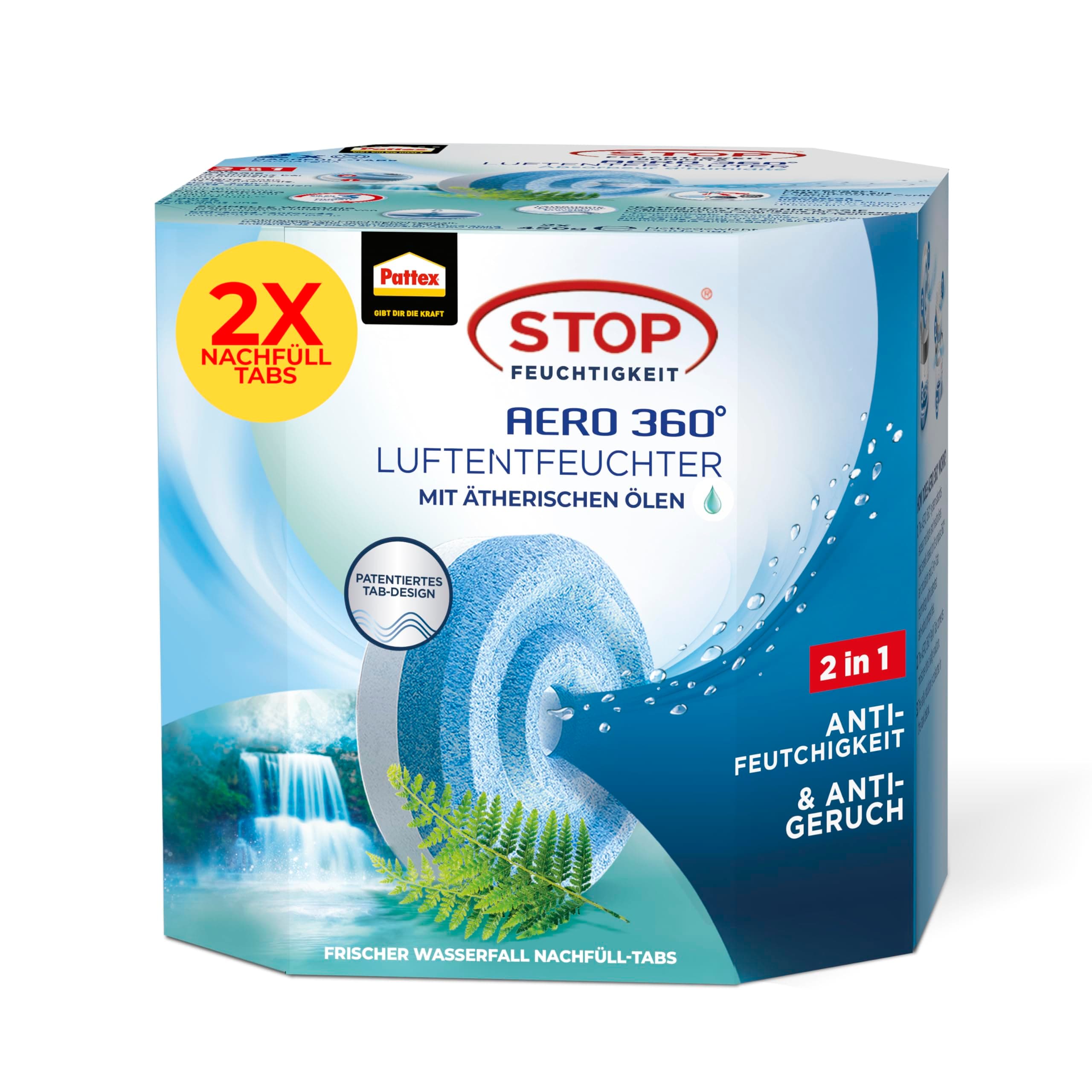 Pattex AERO 360° Frischer Wasserfall Tabs Nachfüllpack, reduzieren Feuchtigkeit und schlechte Gerüche, Nachfülltabs für den Luftentfeuchter AERO 360°, 2er-Pack (2x450g)