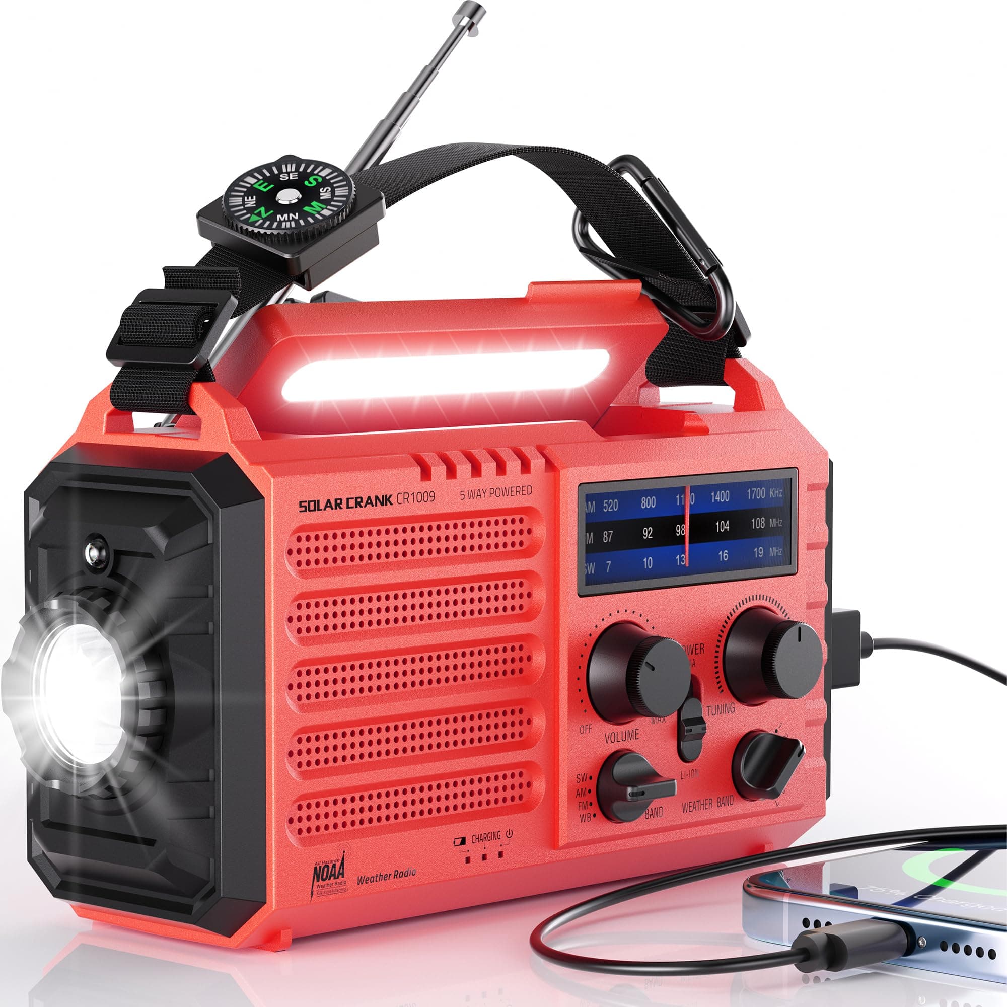 Radio Meteorológica de 5 Vías para Emergencias Domésticas al Aire Libre, Radio Portátil Am/FM/SW y Alarma SOS, Energía Solar, Manivela de Dinamo Manual, Linterna, Lámpara de Campamento, Brújula
