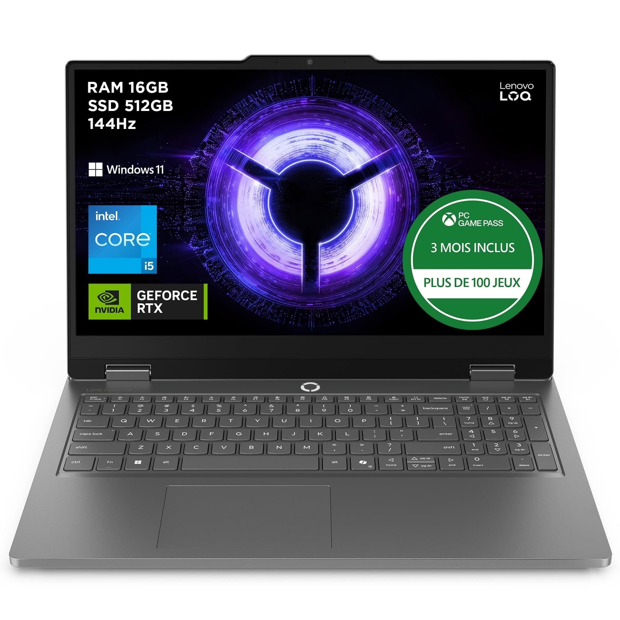 Lenovo LOQ Essential 15IRX11 - Ordinateur Portable Gaming 15.6'' FHD 144Hz (Intel Core i5-13450HX, RAM 16Go, SSD 512Go, NVIDIA RTX 5050 8GB, Windows 11 Home) Clavier AZERTY Français - Gris