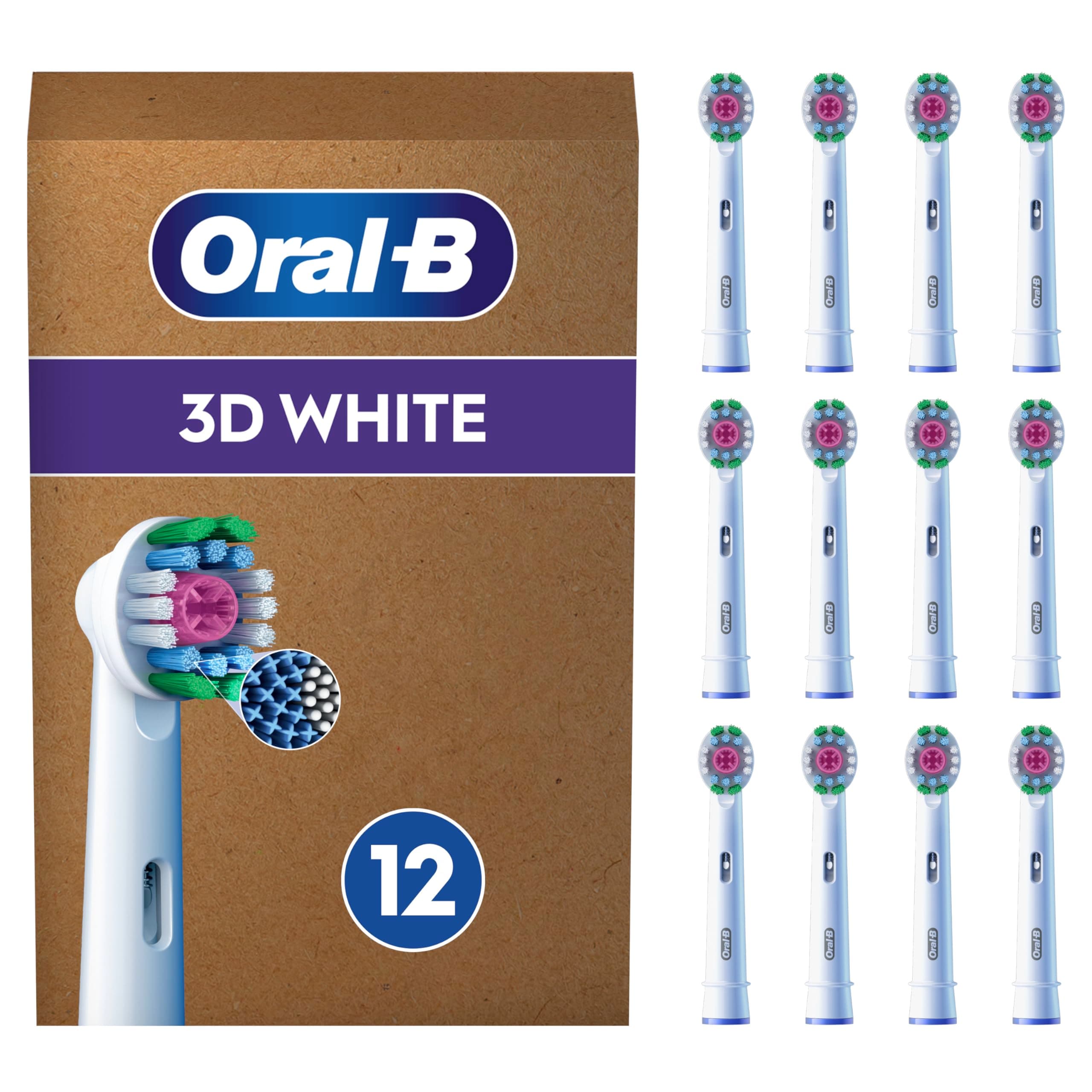 Oral-B Pro Lot De 12 Brossettes De Rechange 3D White, AUTHENTIQUES, Blanches, Cupule De Polissage Pour Des Dents Blanches Sans Taches, Embout Pour Les Brosses A Dents Electriques Oral B Pro, Carton