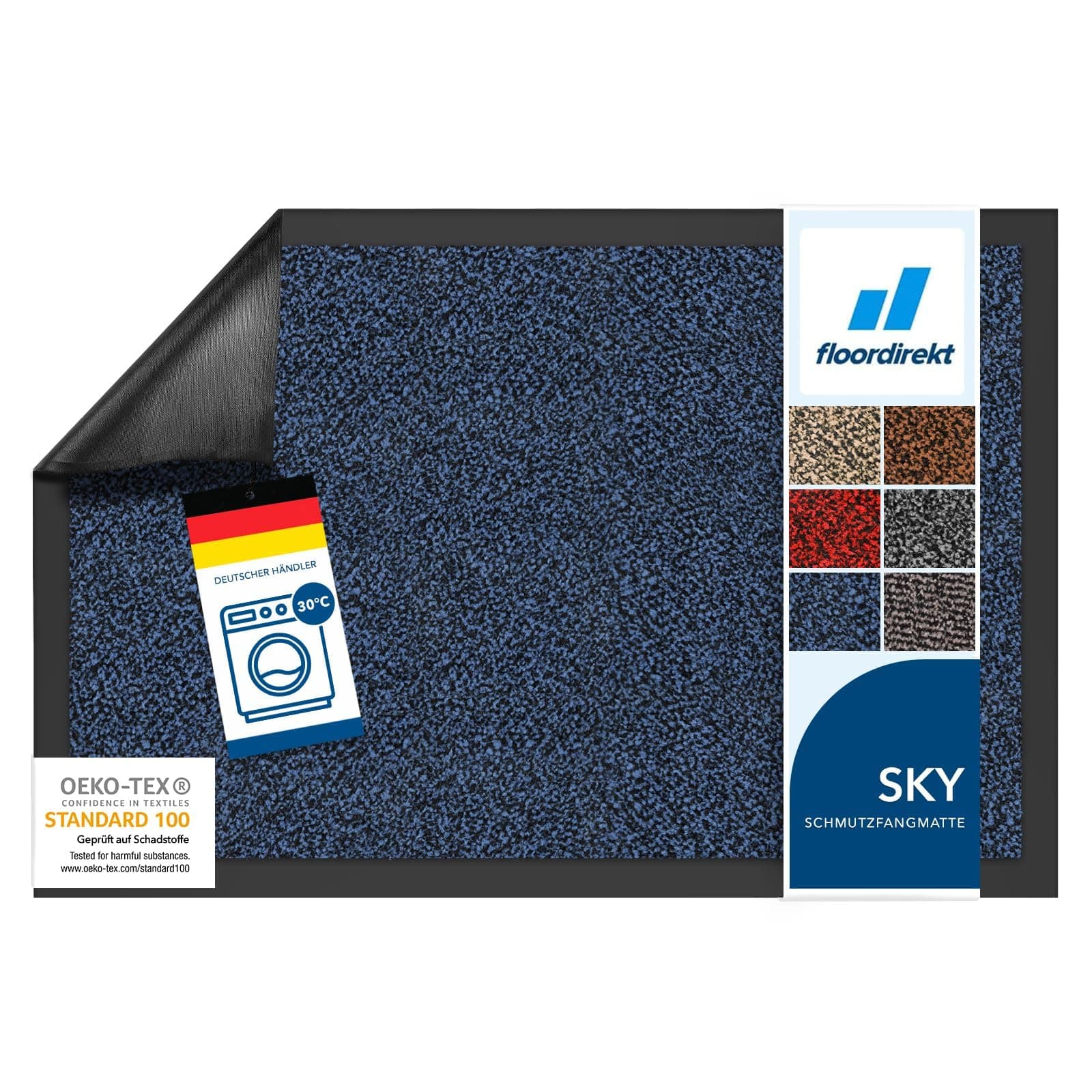 Floordirekt Schmutzfangmatte Rhine - waschbare & leistungsstarke Fußmatte - Sauberlaufmatte mit Rutschfester Rückseite - Türmatte für den Eingangsbereich (Blau (meliert), 80 cm x 120 cm)