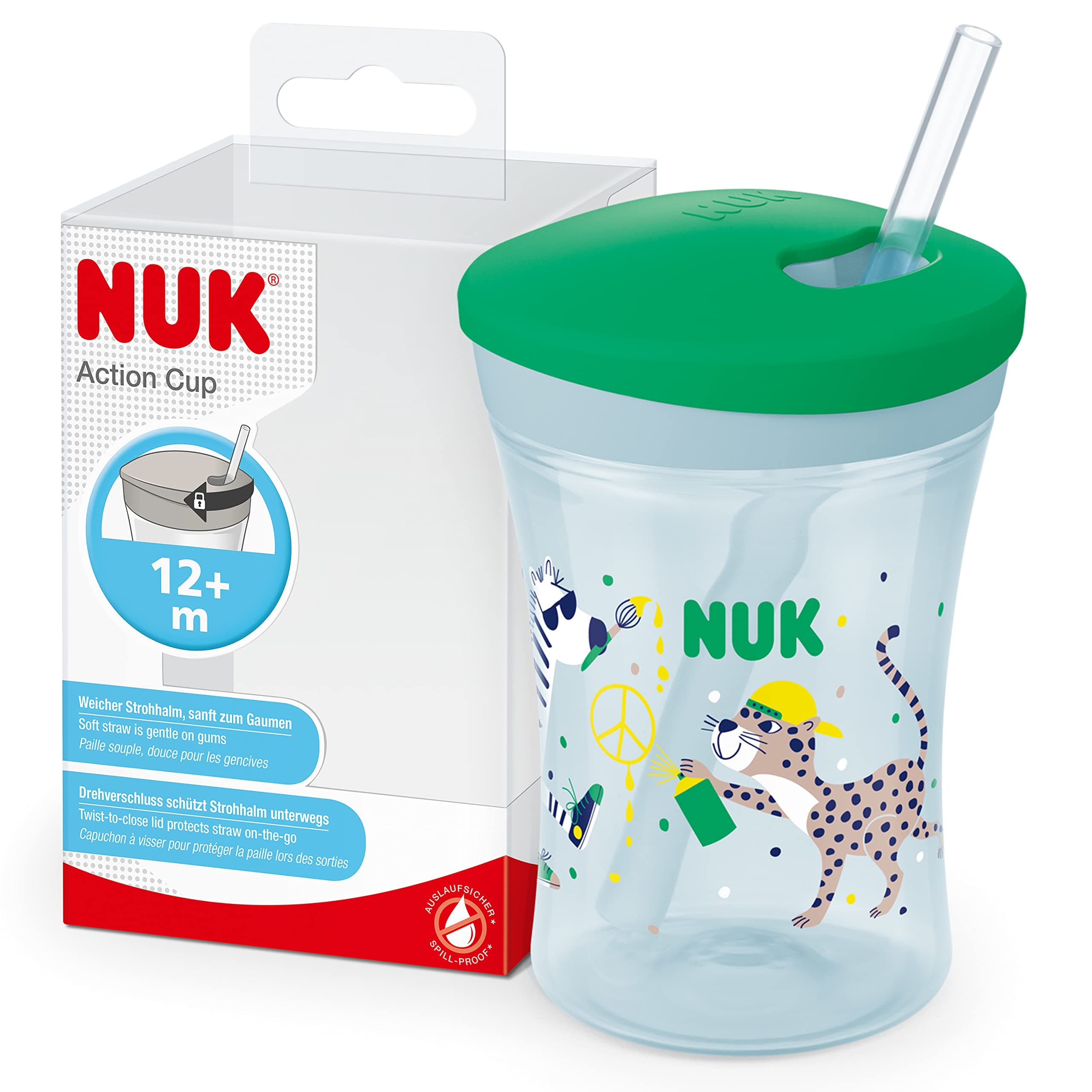 NUK Action Cup taza para niños | +12 meses | Pajita blanda de accionamiento por giro | A prueba de fugas | Sin BPA | 230 ml | Leopardo (verde) | 1 unidad