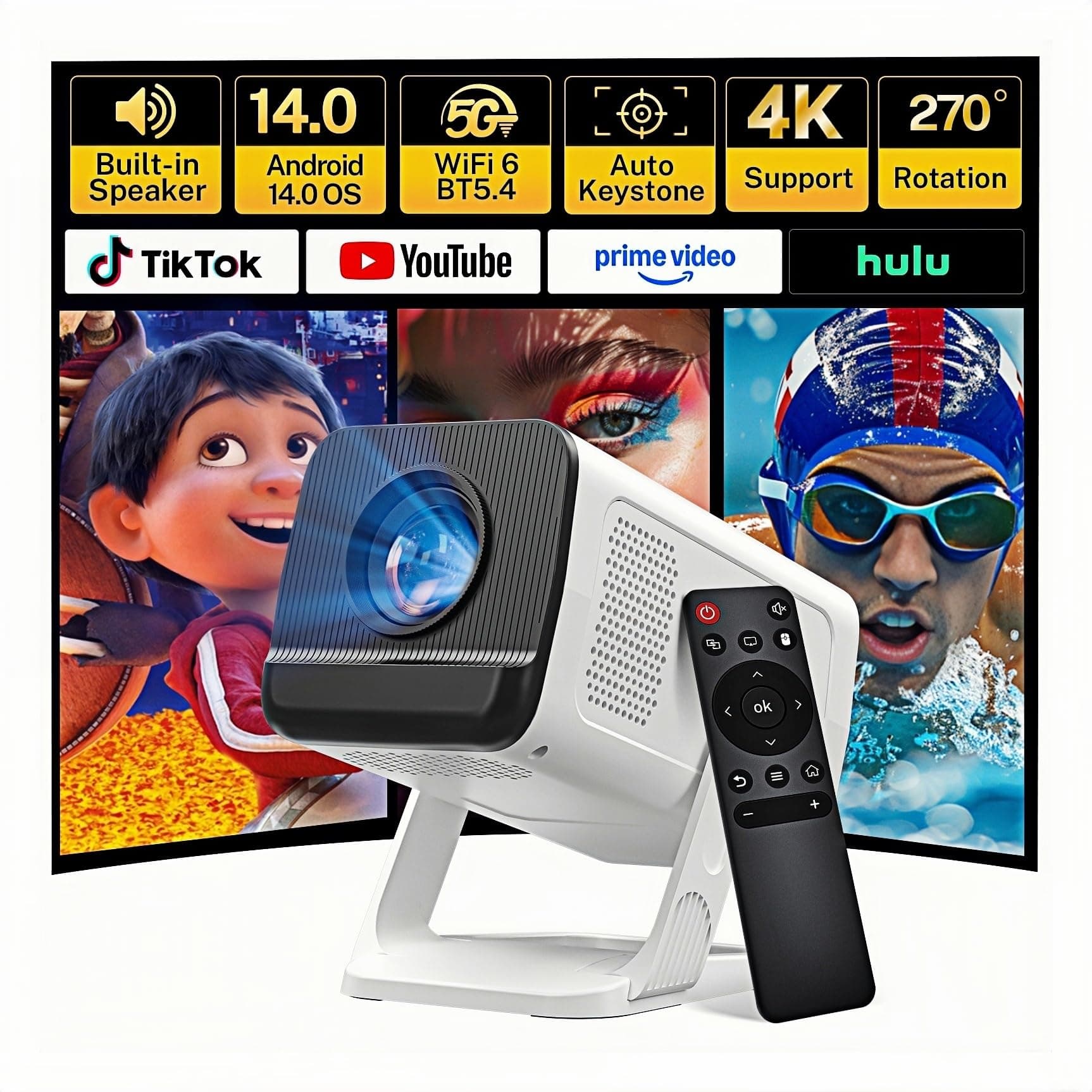 Mini Projecteur avec Wi-FI 6 & Bluetooth 5.4 [Apps intégrées & 2026 Upgraded] Supporte 4K Full HD Vidéoprojecteur, Portable Vidéo Projector Android 14 Compatibile avec HDMI/USB/iPhone Blanc