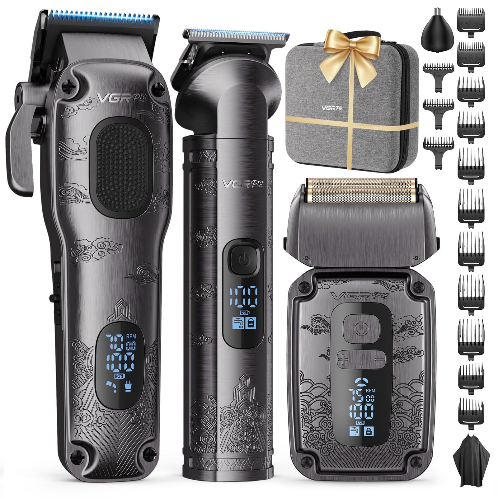 VGRPRO Set Máquina de Cortar Pelo Hombre y Trimmer y Afeitadora, Kit Hombre | Sin Cable Cortapelos Hombre,14 peines, Configuración de 4 Velocidades, Pantalla LED de Batería, Uso de Barbero & doméstico