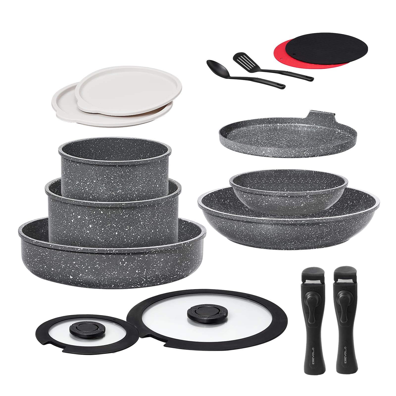 ESEVOLO Batterie de cuisine 16 pièces induction, Lot de Casseroles et Poêles 20cm/28cm avec poignées amovibles, Empilable, Revêtement Antiadhésif en Céramique sans PFAS, avec Crêpiere, Gris