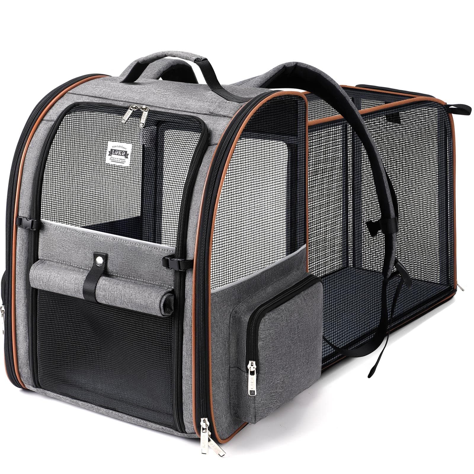 Lekespring Transportin Gato Extensible con 4 Entradas | Mochila Gato Transpirable - Transportin Perro Pequeño con Arnés Interno - Mochila Perro Carga Máxima 12kg Impermeable - Gris XXL