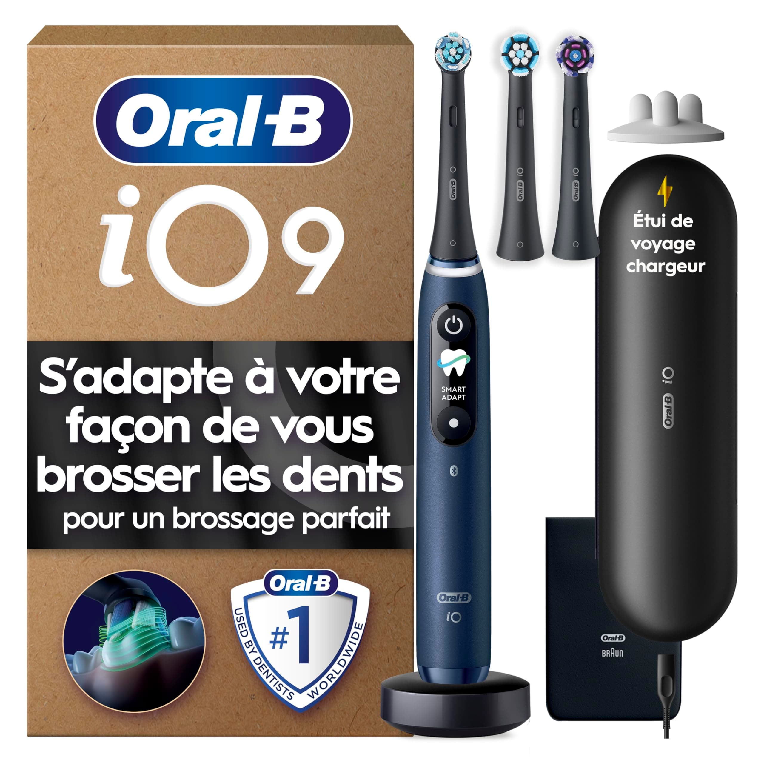 Oral-B Brosse à Dents Electrique iO 9, 3 Brossettes de Rechange, Bleu | 7 Modes de Brossage dont Smart Adapt, Blancheur, Soin Gencives, Charge Rapide de la Batterie, Capteur de Pression, Etui