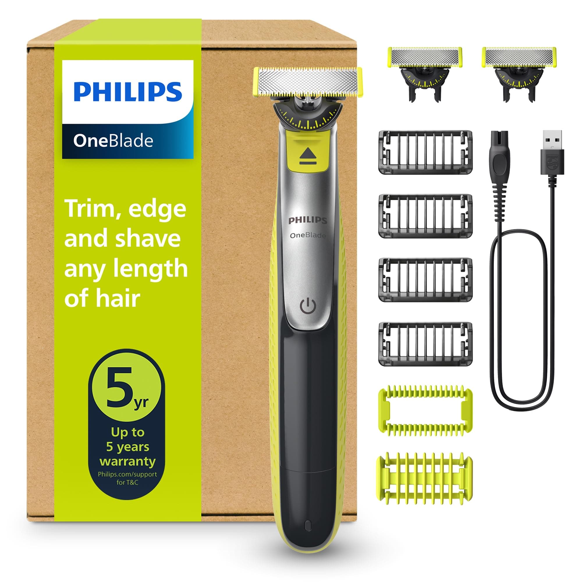 Philips OneBlade QP2834/31 - Regolabarba elettrico 360 autentico, per viso e corpo, 3 lame da 360, 4 pettini per barba (1, 2, 3, 5 mm), 1 kit per il corpo