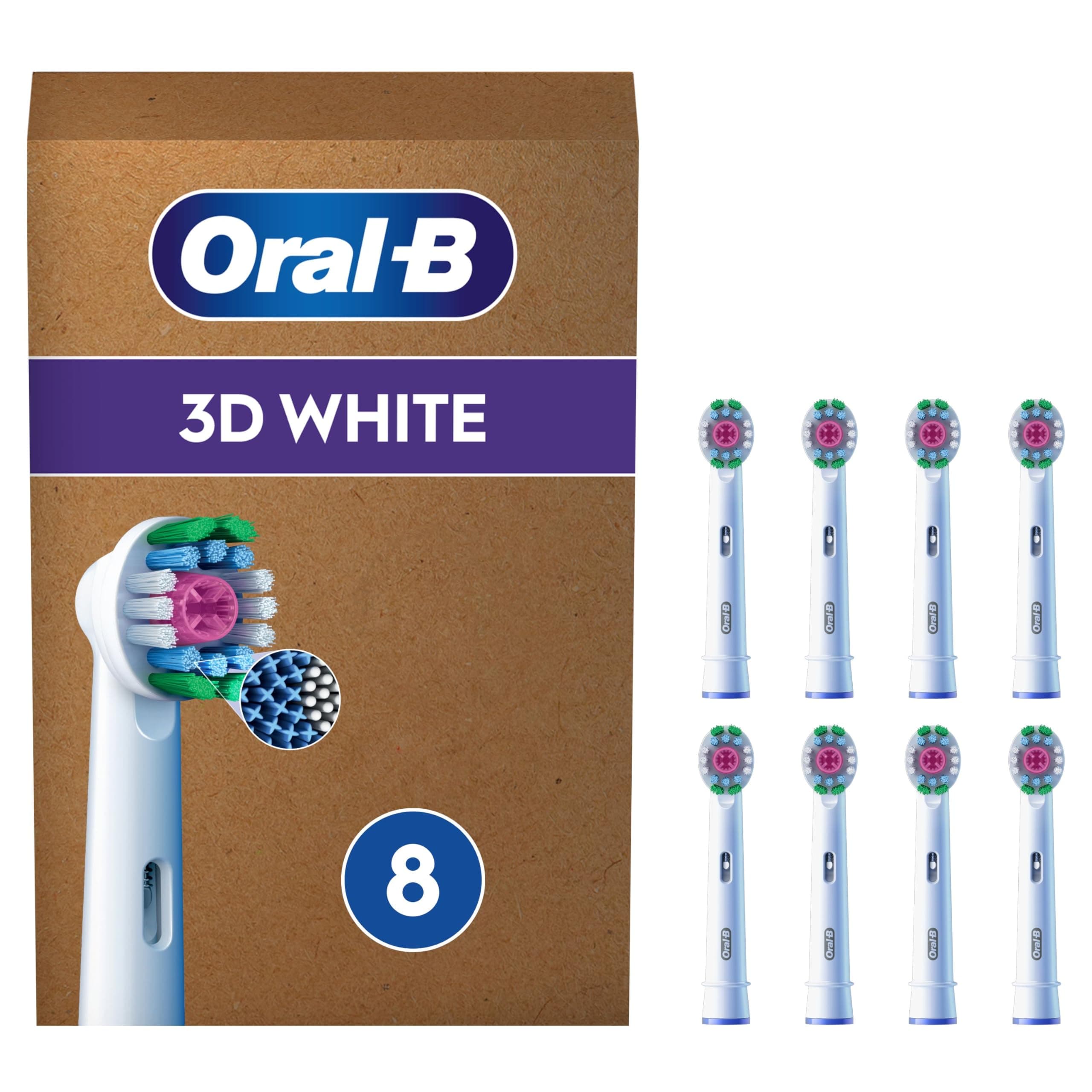 Oral-B 3D White Testine Spazzolino Elettrico, Confezione da 8 Testine di Ricambio per Spazzolino Elettrico Oral B, Sbiancanti, Con Esclusiva Coppetta Lucidante per Rimuovere le Macchie Superficiali