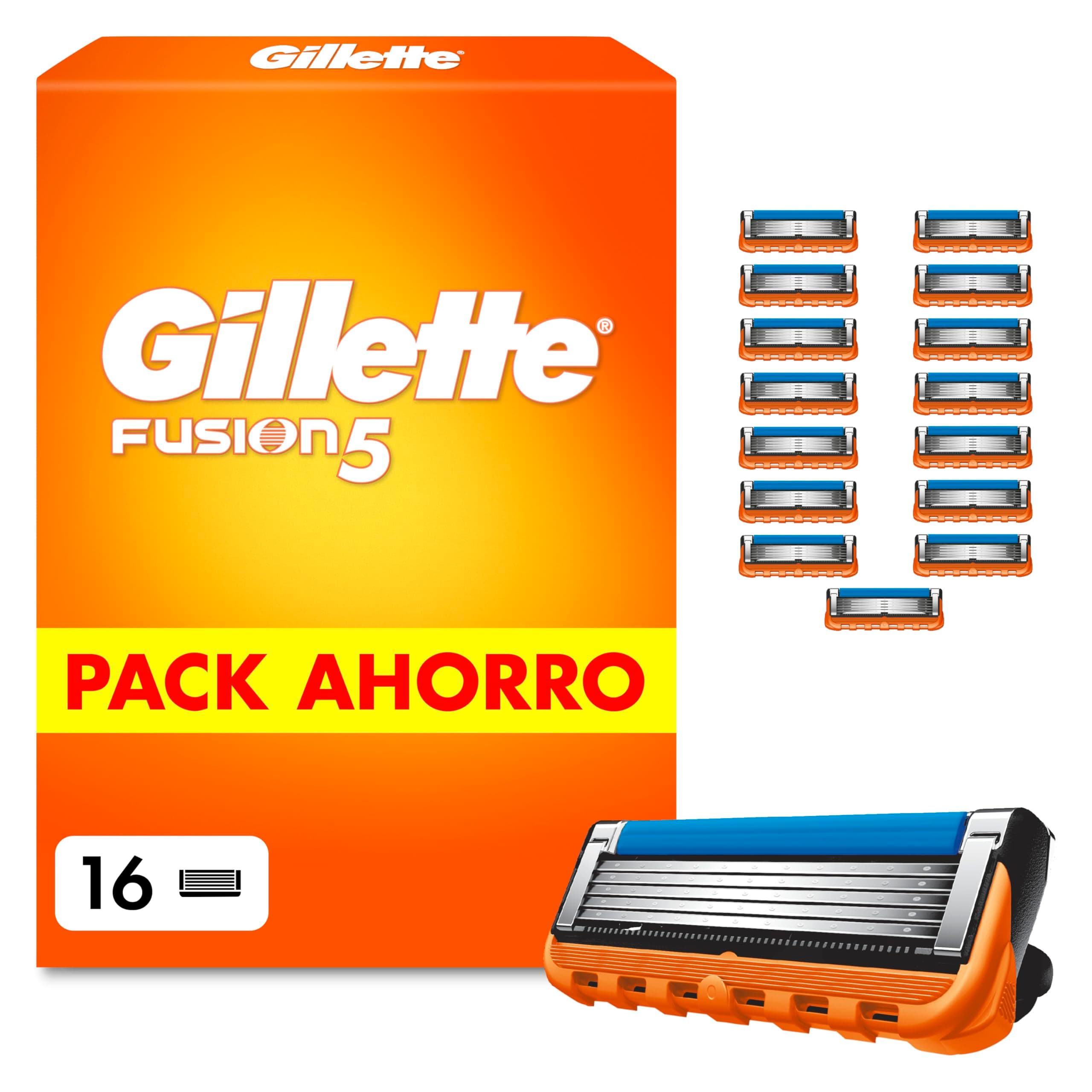 Gillette Fusion5 Recambios para Maquinillas de Afeitar, Pack de 16 Cuchillas de Afeitar con 5 Hojas, Banda de Gel Lubricante Y Recortadora de Precisión