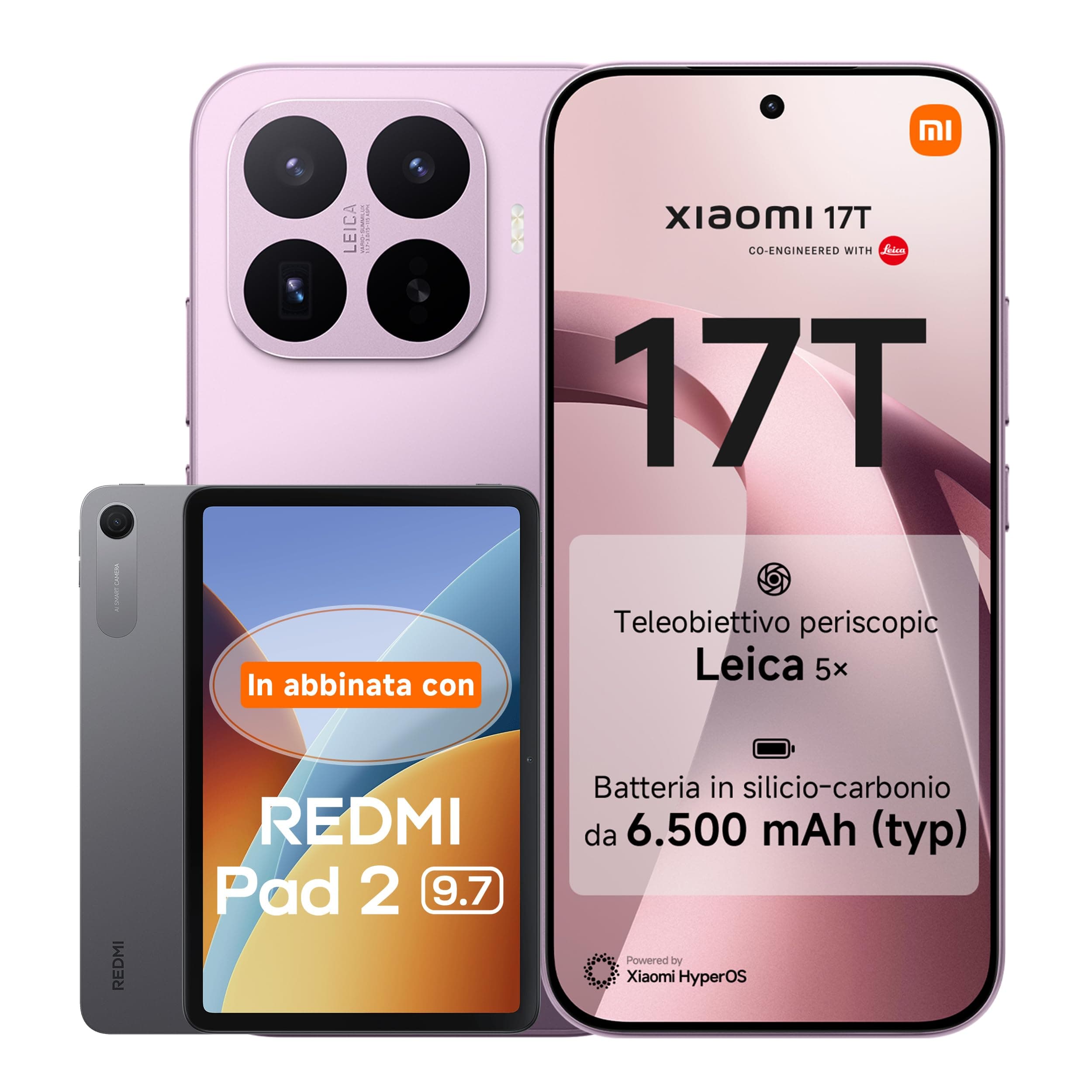 Xiaomi 17T, Smartphone 12+256GB, Display Eye-Care da 6,59" 120Hz, Batteria 6500mAh(typ), Teleobiettivo Leica 5x, 67W HyperCharge, MediaTek Dimensity 9500, Violet, Garanzia 3 anni+REDMI Pad 2 9.7' 64GB