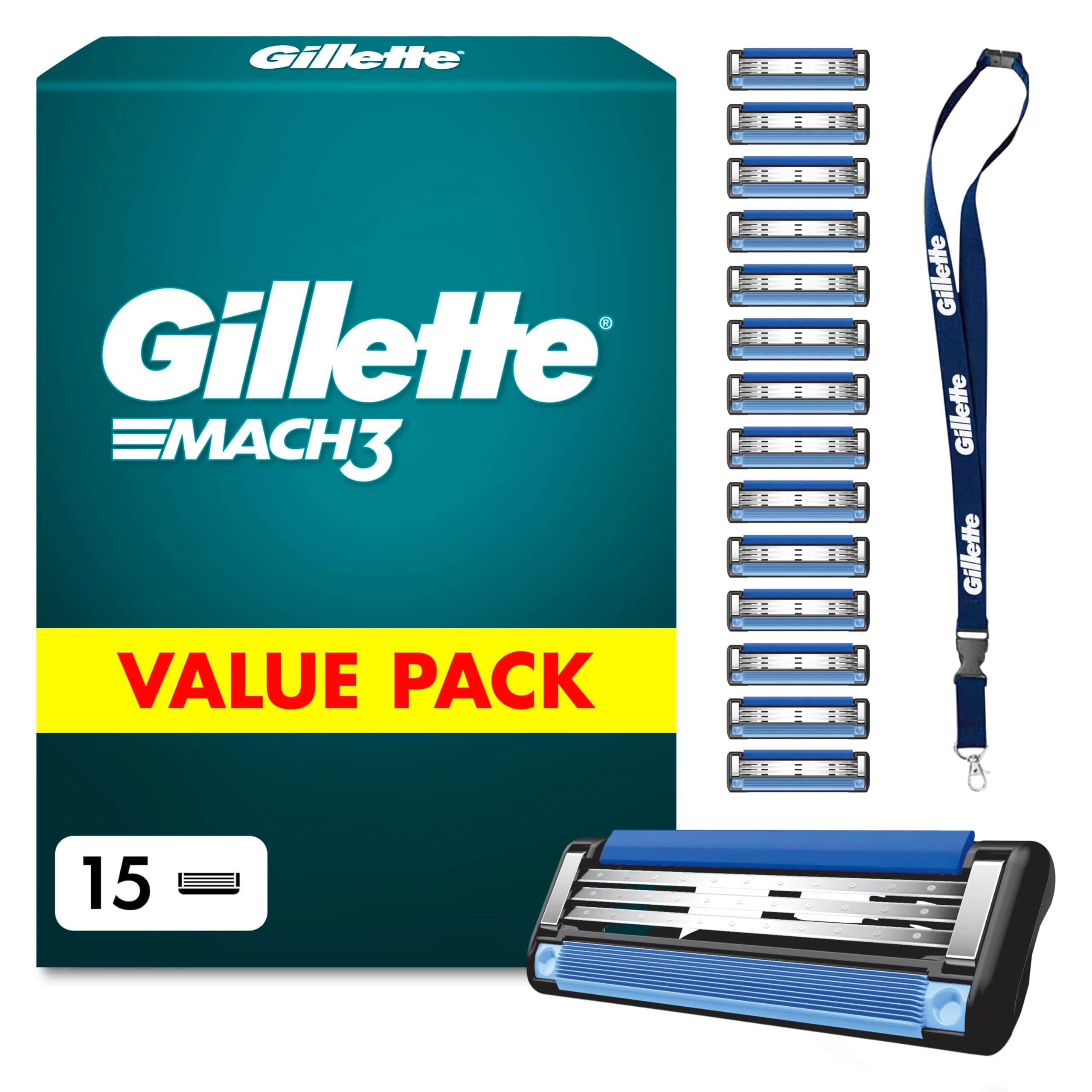 Gillette lot de 15 Recharges de Lames de Rasoir Homme Mach 3, authentiques, Pack de Cartouches avec Un Porte-clés, Tête de Rechange A 3 Lames Affutées et Bande Lubrifiante pour Un Rasage Confortable