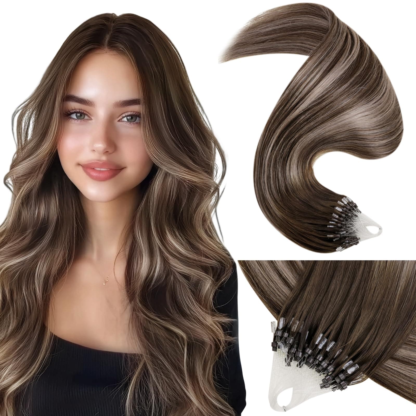 LaaVoo Extension Microring Capelli Veri Balayage Marrone Cioccolato a Biondo Scuro Extension Capelli Veri Microring Remy Lisci 40cm 50g 50ciocche #4/18/4