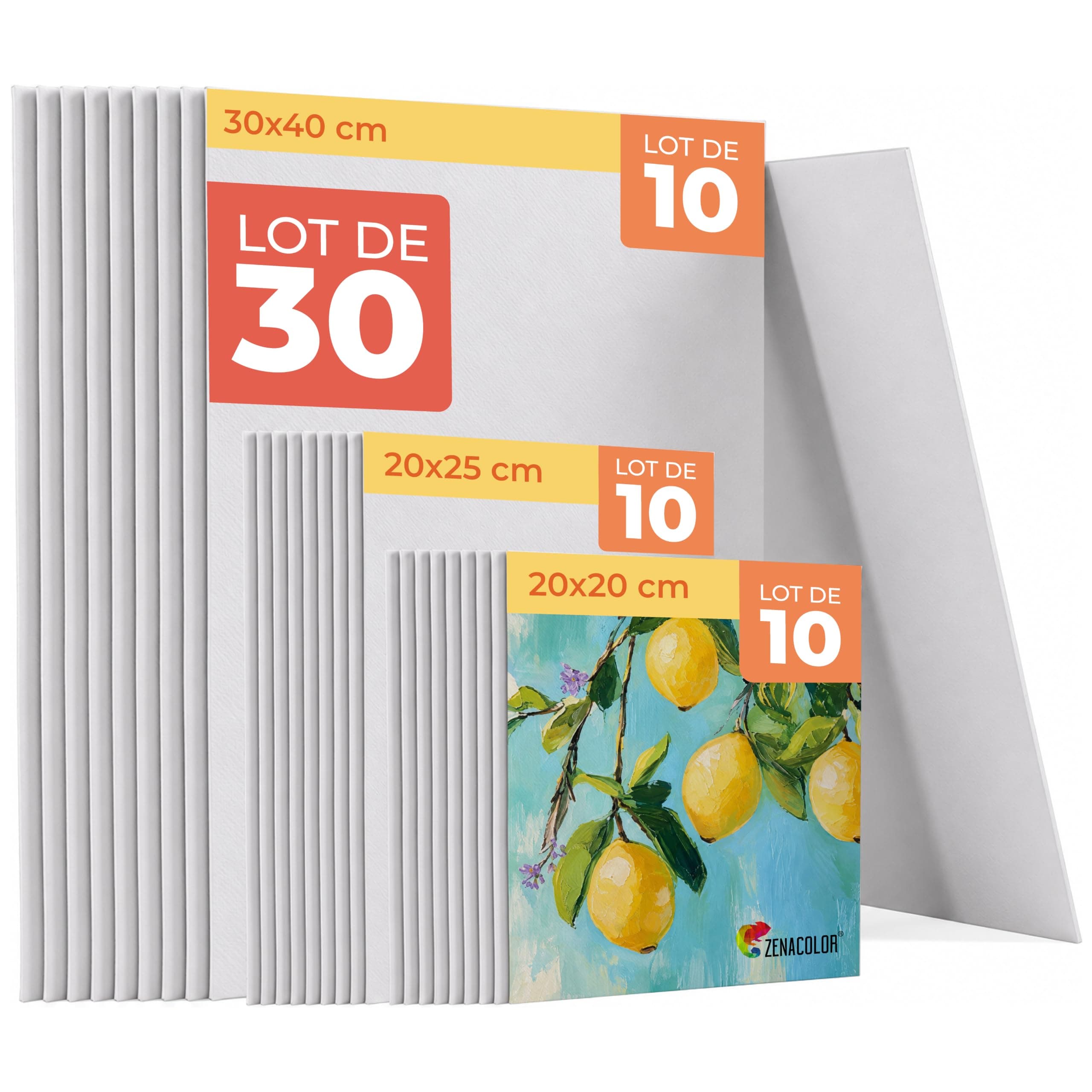 Zenacolor Toile à Peindre Lot de 30 Toiles Coton 280g/m² | 280 g/m², 100% coton, supports vierges compatibles avec peinture acrylique, huile et gouache