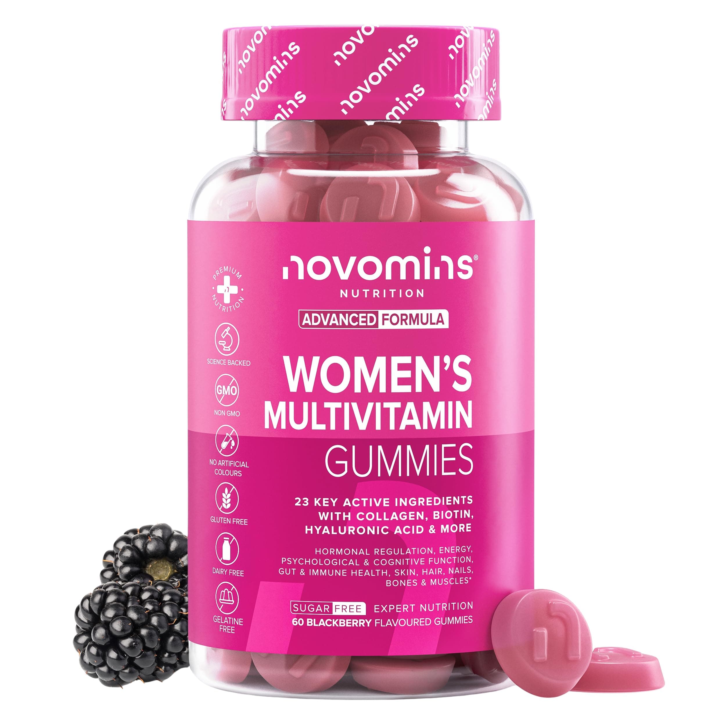 Multivitaminas Mujer - 60 Gominolas con Vitaminas para el Cabello, Colágeno Marino y Ácido Hialurónico - Vitamina C, A, D, B, Biotina y Zinc - Multivitaminico con Minerales y Probióticos - Novomins