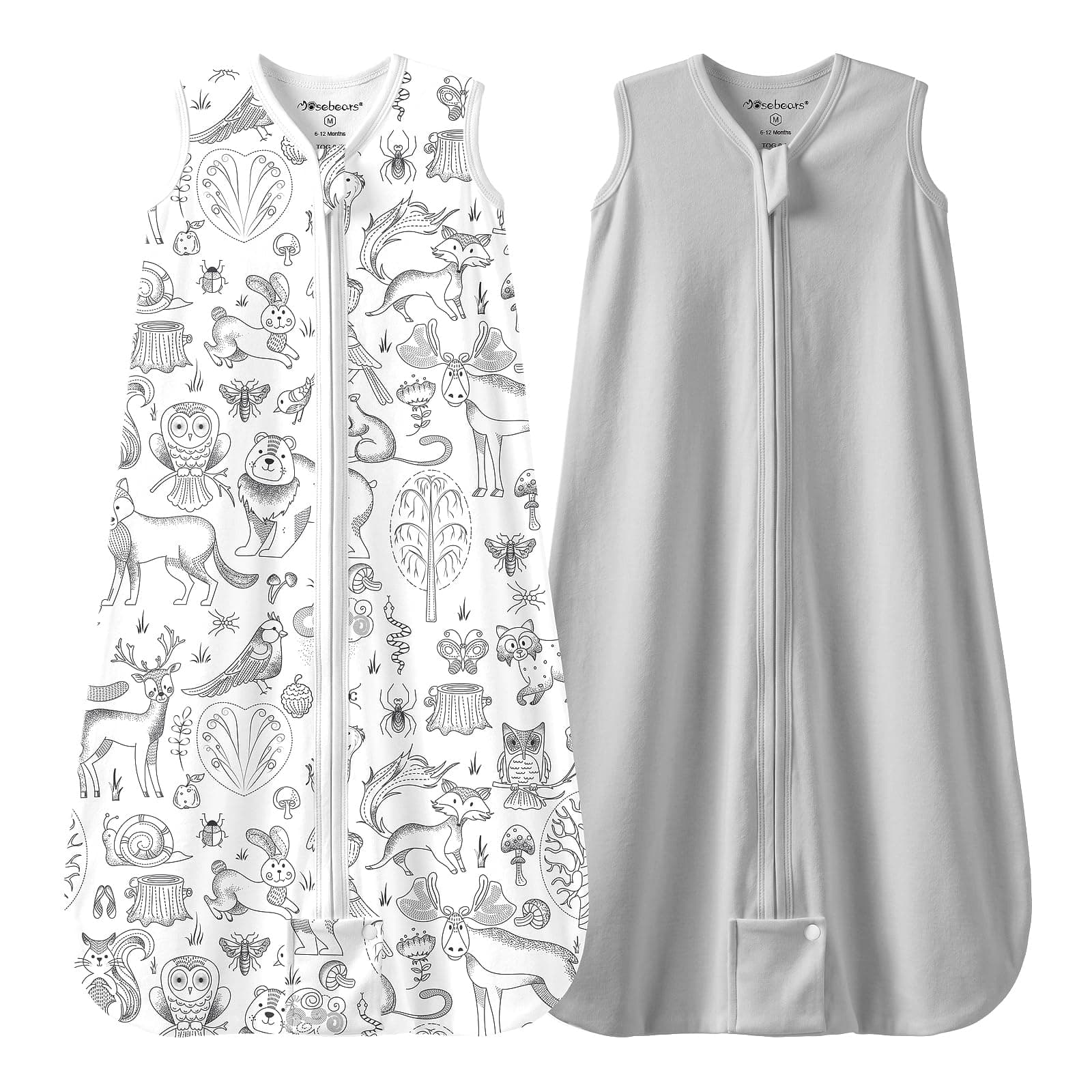 Mosebears Sacco nanna estivo per bambini, 0,5 Tog, 100% cotone, traspirante, (Confezione da 2 pezzi grigio, XL (18-24 mesi)