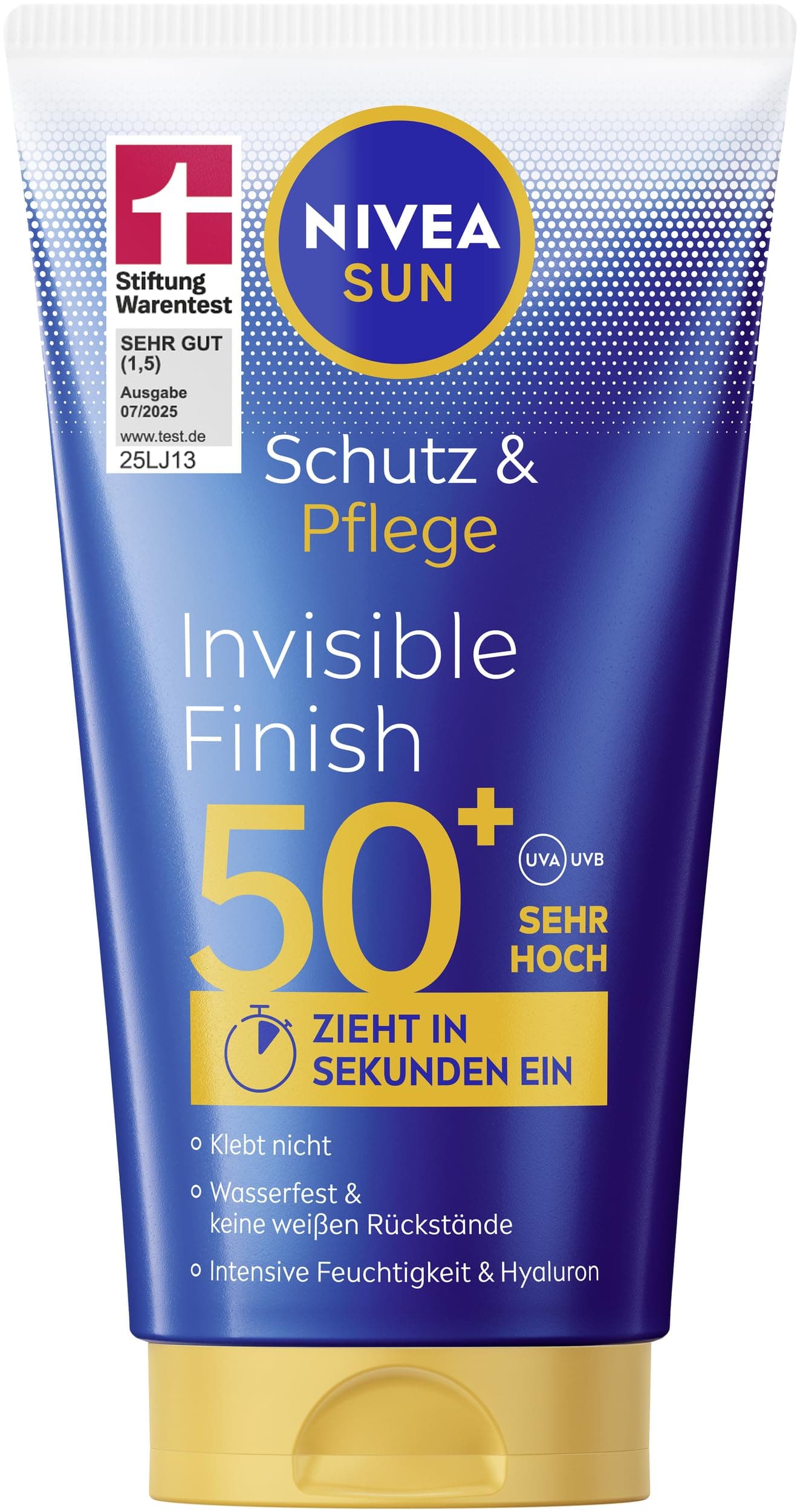 NIVEA SUN Schutz & Pflege Invisible Finish LSF 50+, wasserfester Sonnenschutz mit Hyaluron, schnell einziehende Sonnencreme für intensive Feuchtigkeit ohne weiße Rückstände (150 ml)