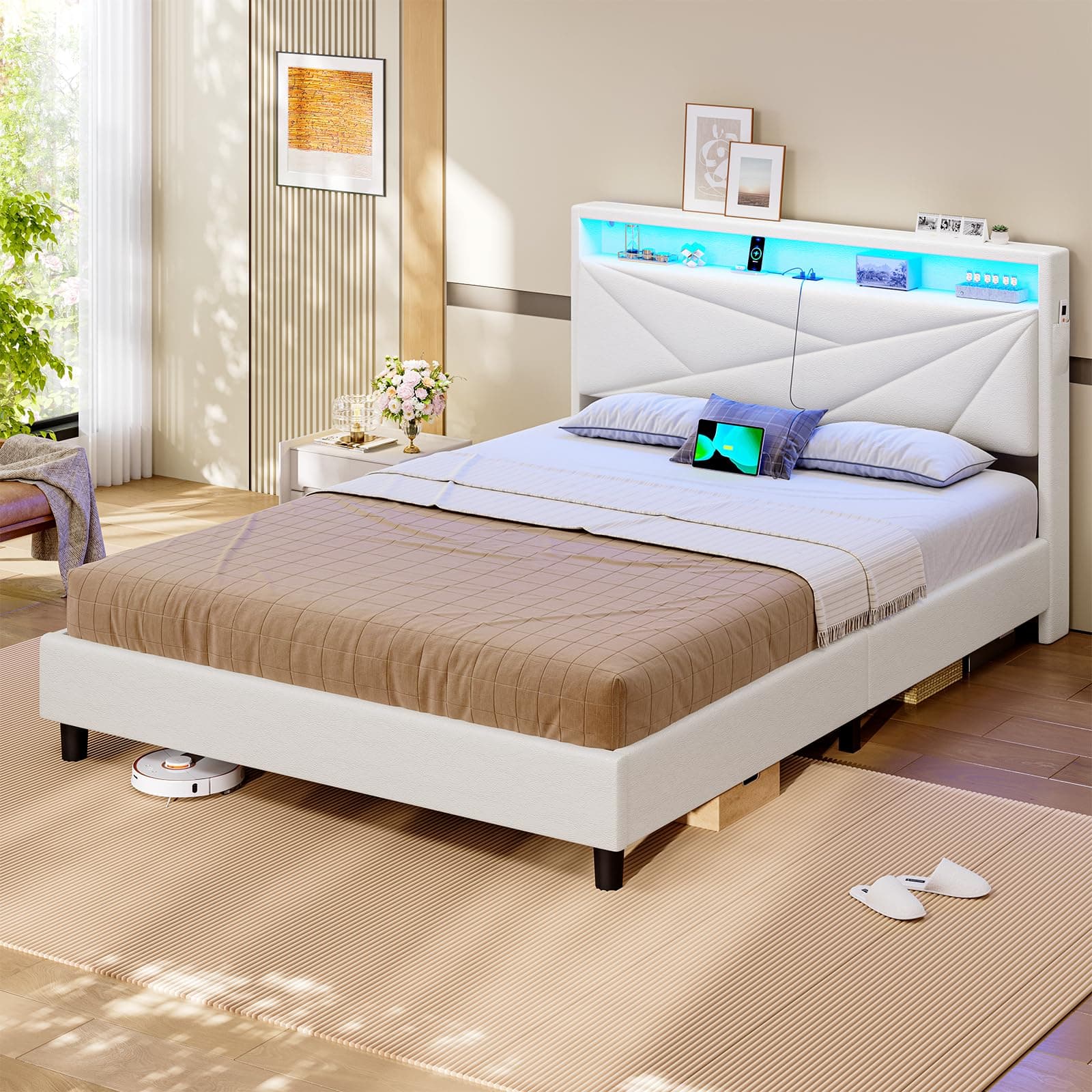 KIMENICH Lit 140x190 avec Sommier, Lit Double avec LED Réglable et Multiprise, Étagères Ouvertes et Rangement sous Sommier, Cadre de Lits 140x190 Capitonné, PU Blanc
