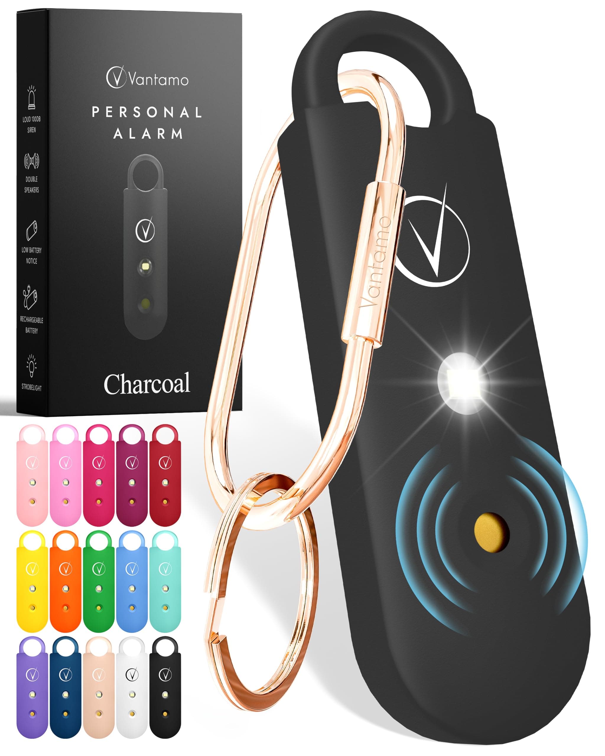 Vantamo Taschenalarm Extra Laut 130dB Mit 2 Lautsprechern Für Selbstverteidigung Frauen, Hell Taschenlampe & Batteriewarnung, Alarm Für Frauen Unterwegs Mit Schlüsselanhänger