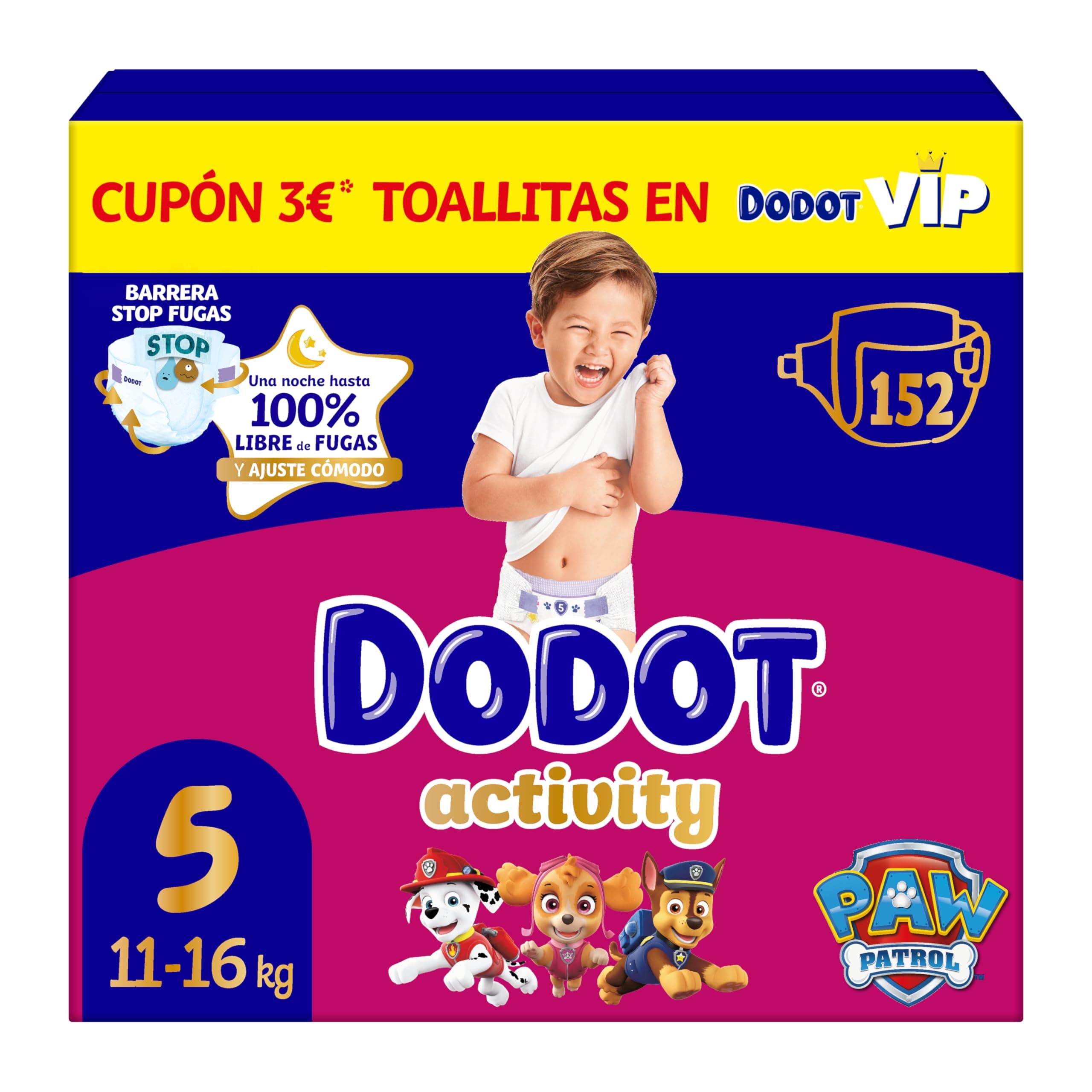 Dodot Pañales Bebé Activity, Talla 5 (11-16 kg), 152 Pañales, Hasta 12h de Protección Antifugas y Ajuste, Pack Mensual