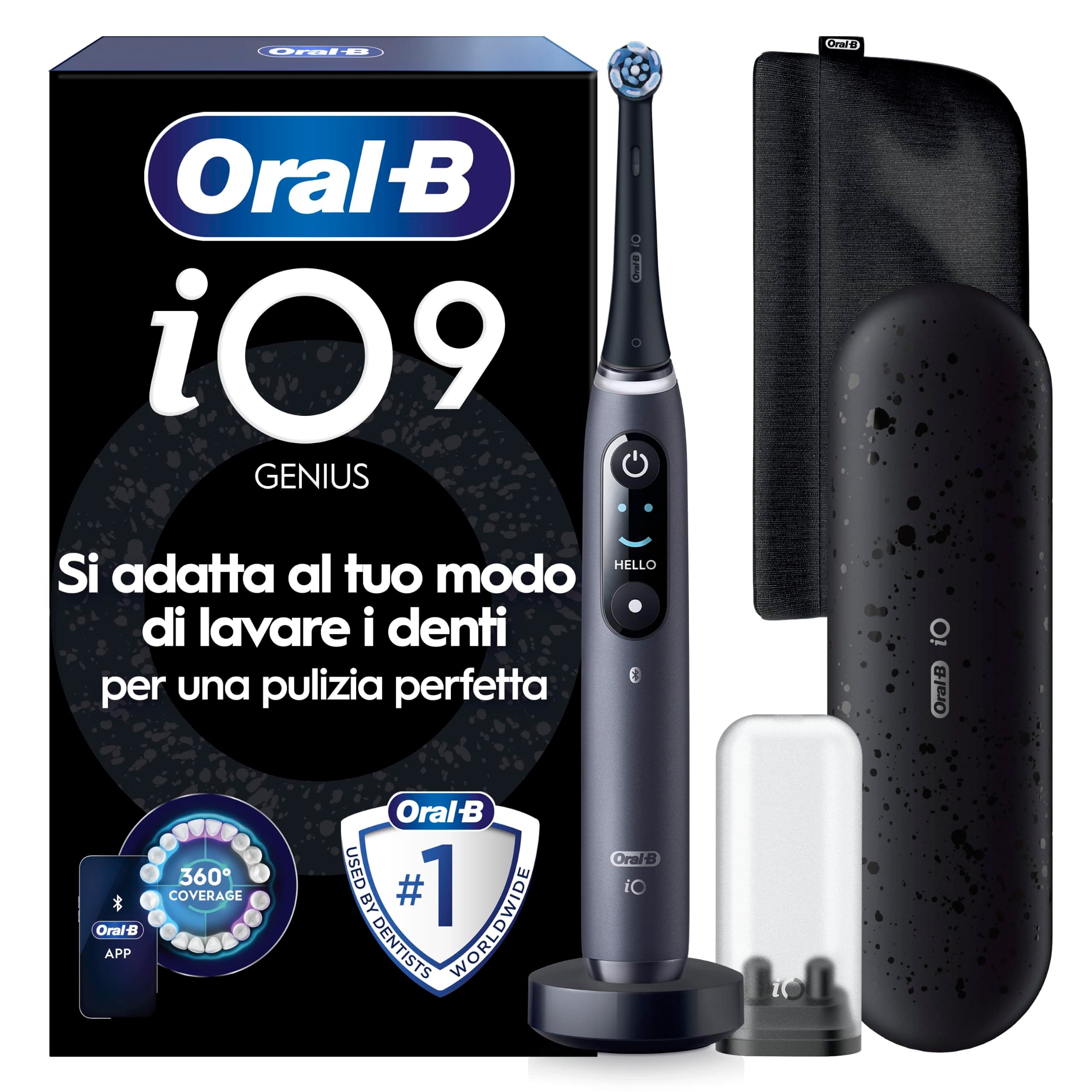 Oral-B iO 9 Spazzolino Elettrico, 1 Testina di Ricambio, Custodia, Nero | 1 Testina di Ricambio per Spazzolino Elettrico Ricaricabile, Custodia da Viaggio, Astuccio Magnetico, Pulizia Denti Efficace