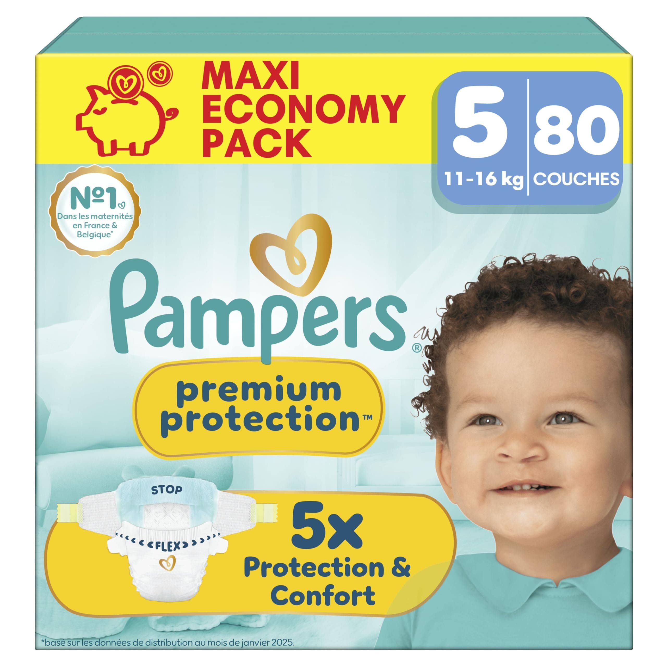Pampers Premium Protection Taille 5, 80 Langes, 11kg-16kg, Notre N°1 Pour La Protection De La Peau Et Contre Les Fuites