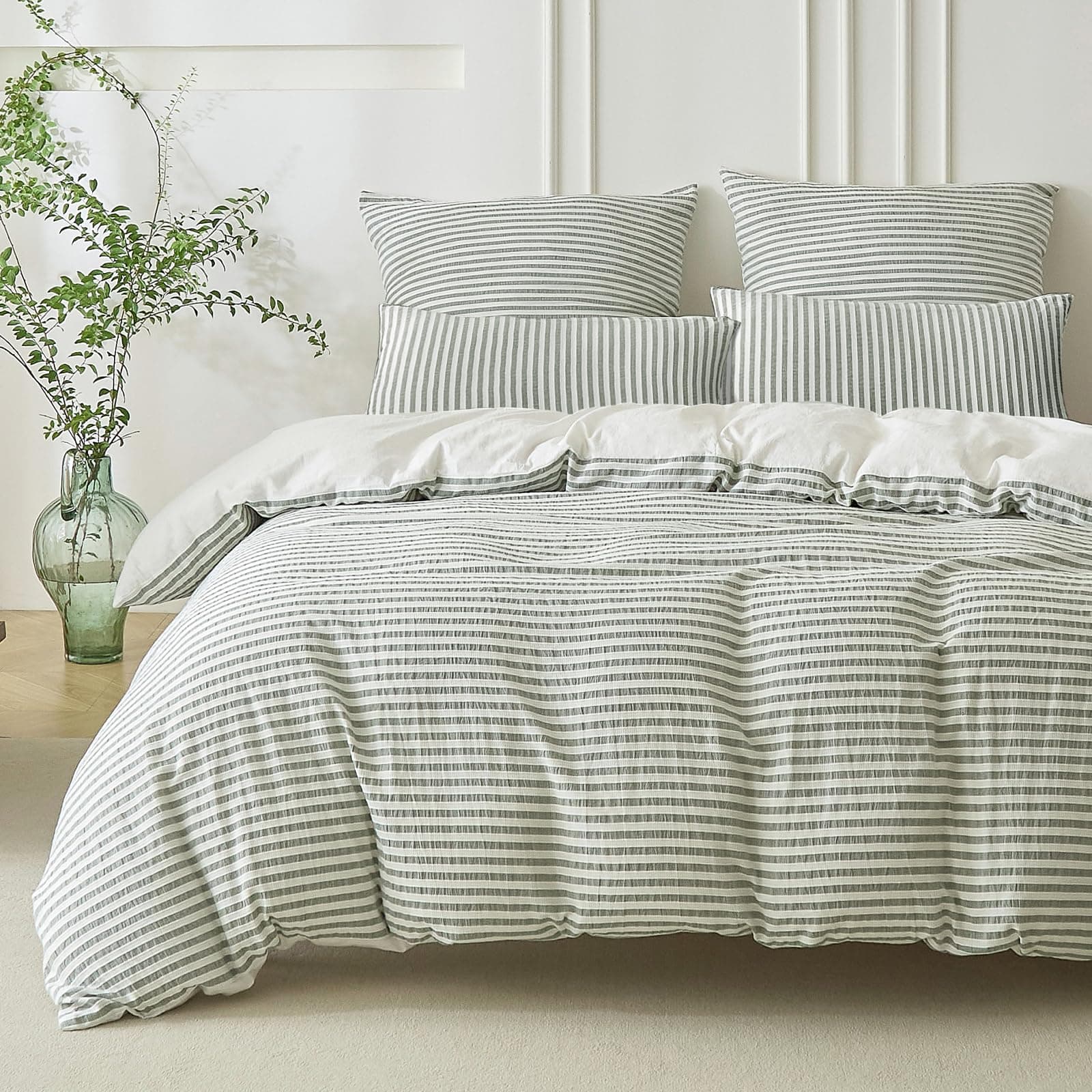 SOULFUL Housse de Couette 240x260 Coton avec 2 Taies d'oreiller 65x65 cm - 100% Coton Lavé - Design Bohème Jacquard Rayures - Vert Sauge Parure de Lit 2 Personnes en Respirable avec Fermeture Éclair