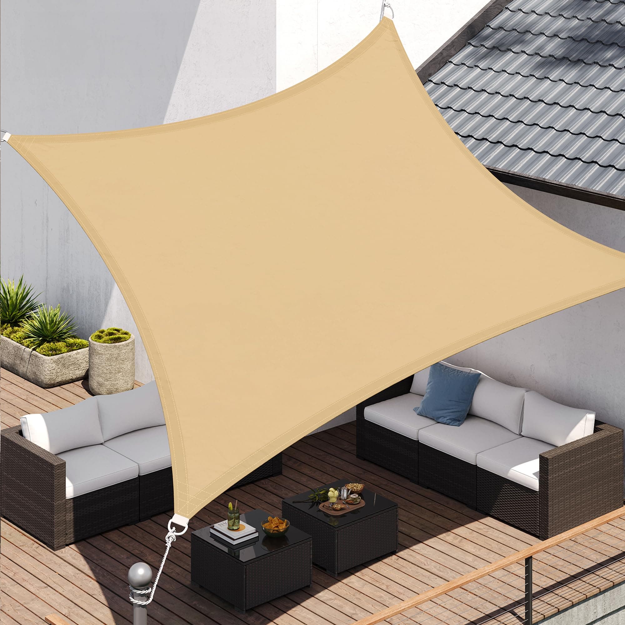 SONGMICS Sonnensegel, 3 x 4 m, wasserabweisend, Wassersäule 665 mm, reißfestes Polyester, UV-Schutz 93%, Terrasse, Garten, Balkon, rechteckig, 2 m Seile, sandgelb GSH34EY